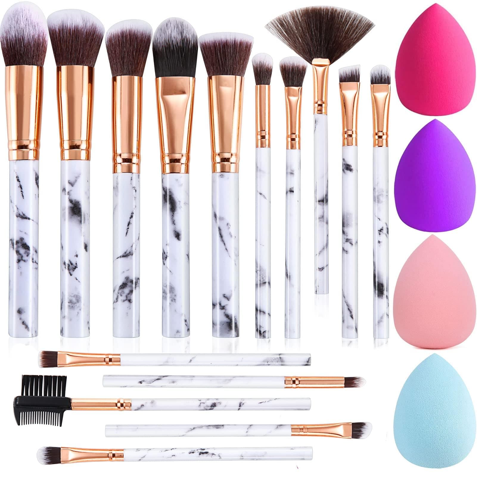 Makeup Brushes DUAIU 15PCs Marble Makeup Brush Set Premium Synthetic Kabuki Powder Blush Contour Foundation Concealer Eyeshadow Brushes with Makeup Sponge Make up Tool A Grey