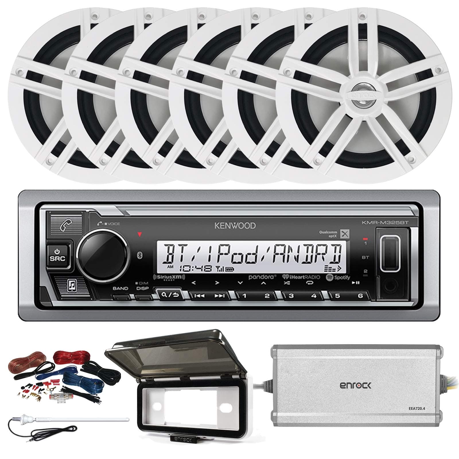 Kenwood KMR-M325BT Digital Media Single-DIN Bluetooth Receiver, 6 x Enrock 6.5" Water-Resistant Speakers (White), Marine/PowerSports 4-Channel Amplifier, Other Accessories