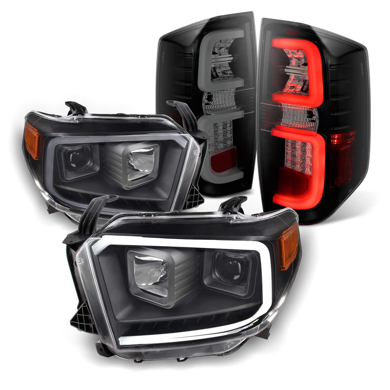 AKKON - For 2014-2021 Toyota Tundra Light Tube Black Bezel Projector Headlights + Black Smoked LED Tube Tail Lamp