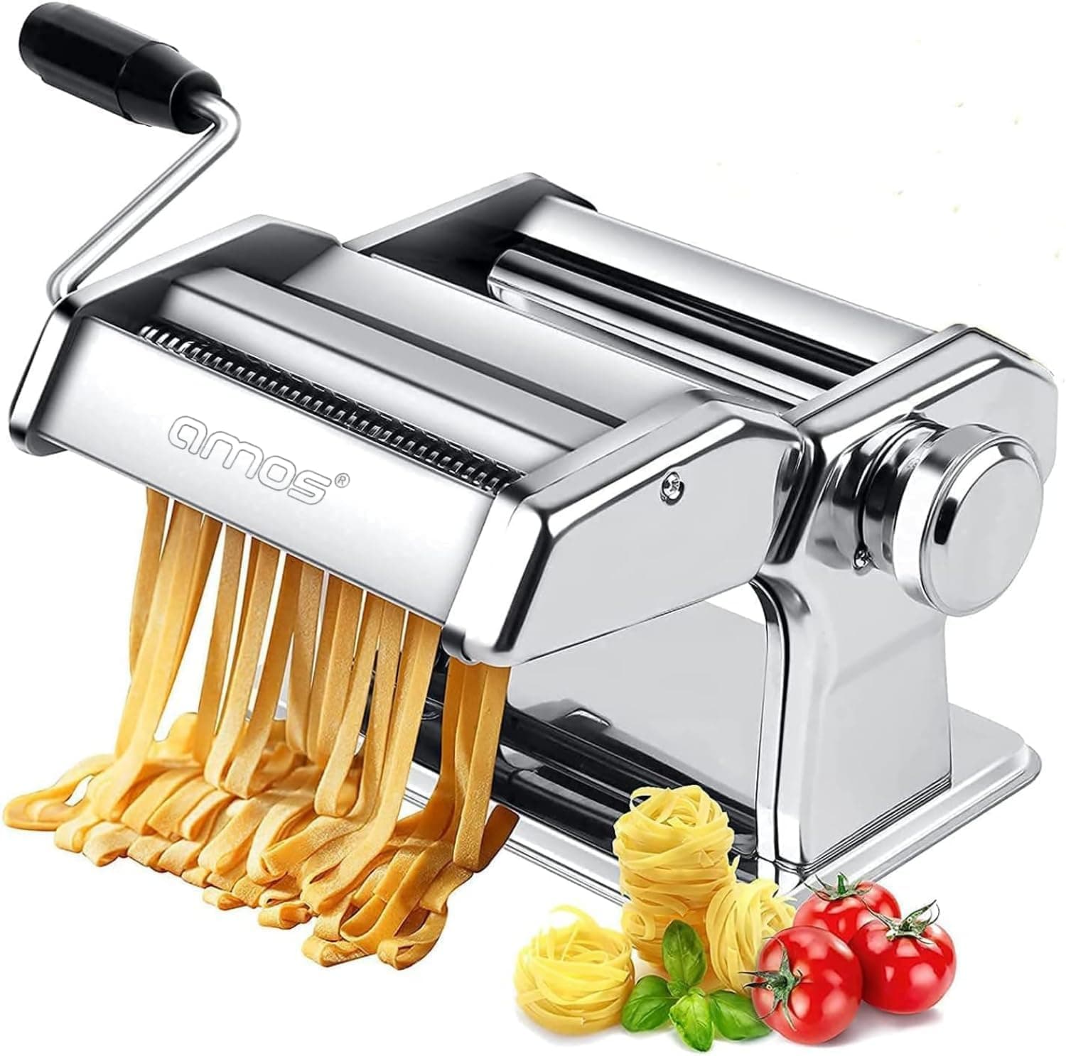 AMOS ® 3 in 1 Heavy Duty Stainless Steel Professional Fresh Pasta Lasagne Spaghetti Tagliatelle Maker Machine Cutter with 3 Cut Press Blade Settings with Table Top Clamp Kitchen Set (Silver)