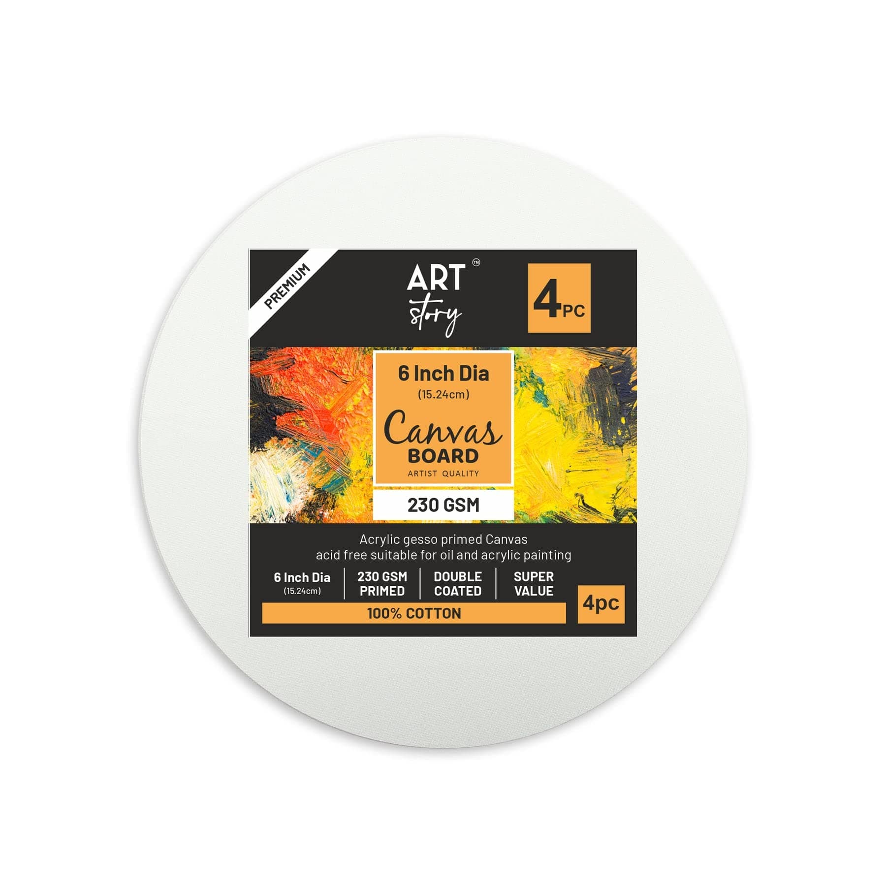 Little BirdieArt Story Canvas Board Round 6inch Dia 230gsm 2mm |Canvas Painting Board for Acrylic Painting, Oil, Watercolor Paint| Canvas for Painting with MDF| Primed Canvas Boards(Pack of 4)
