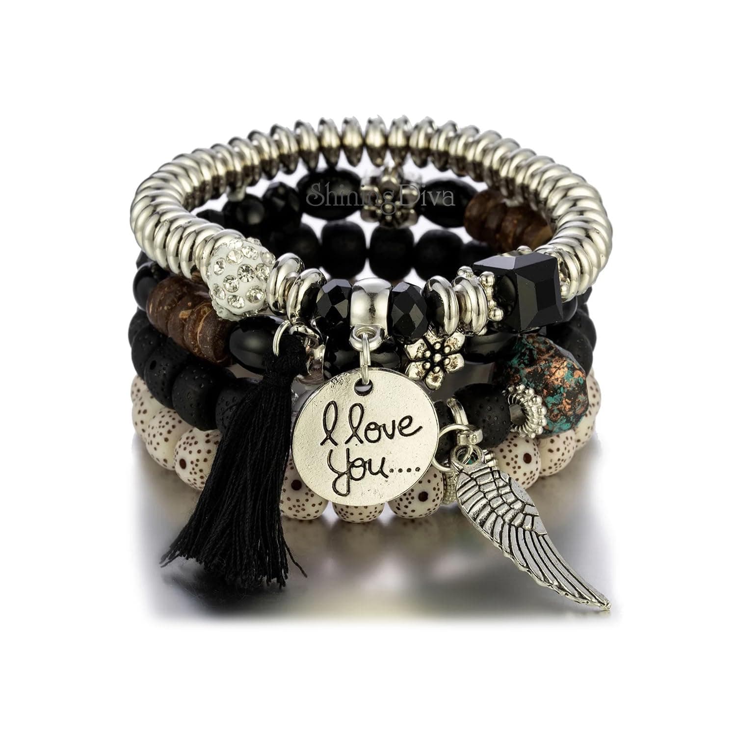 Latest Stylish Bohemian I Love You Feather Tassel Charm Multilayer Beaded Bangle Bodhi Bracelet for Women and Girls
