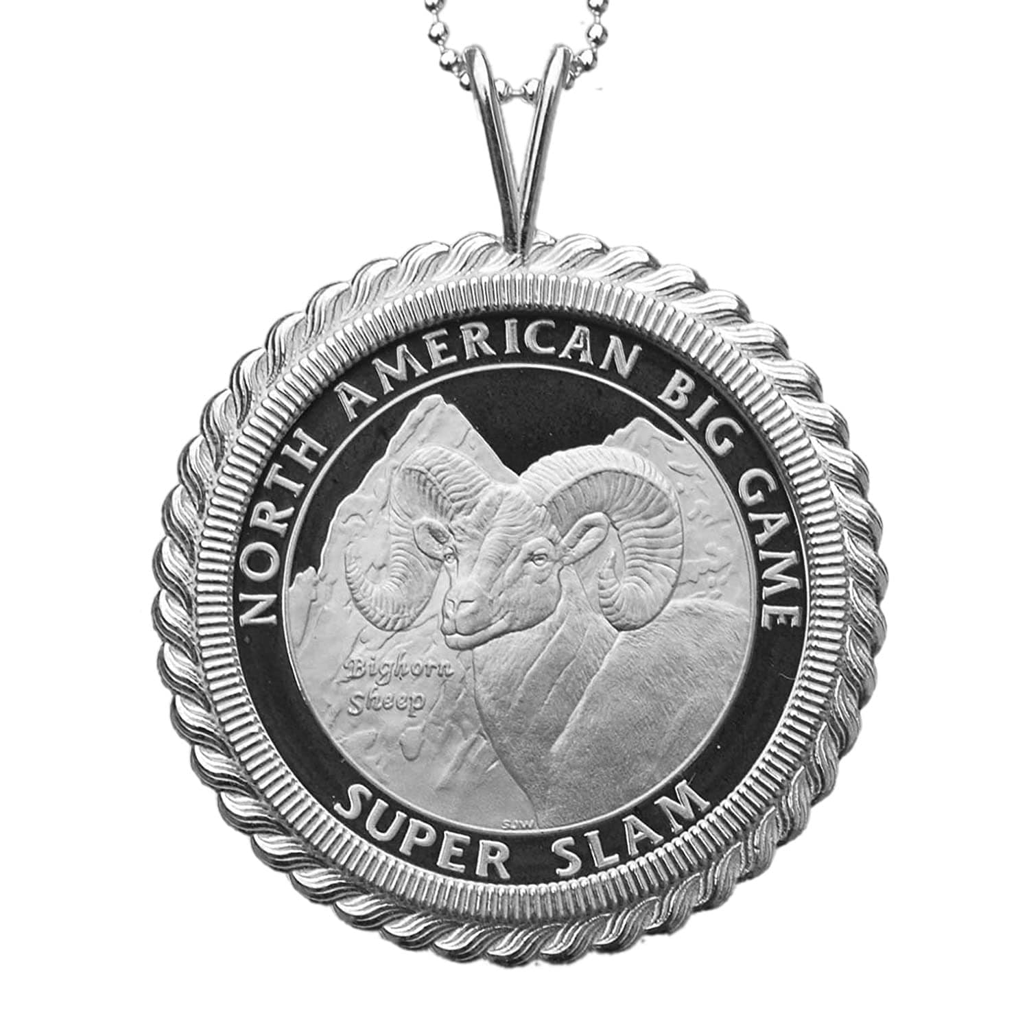 North American Hunting Club Big Game Super Slam One Troy Ounce .999 Fine Silver Proof Coin 925 Sterling Silver Necklace - Bighorn Sheep