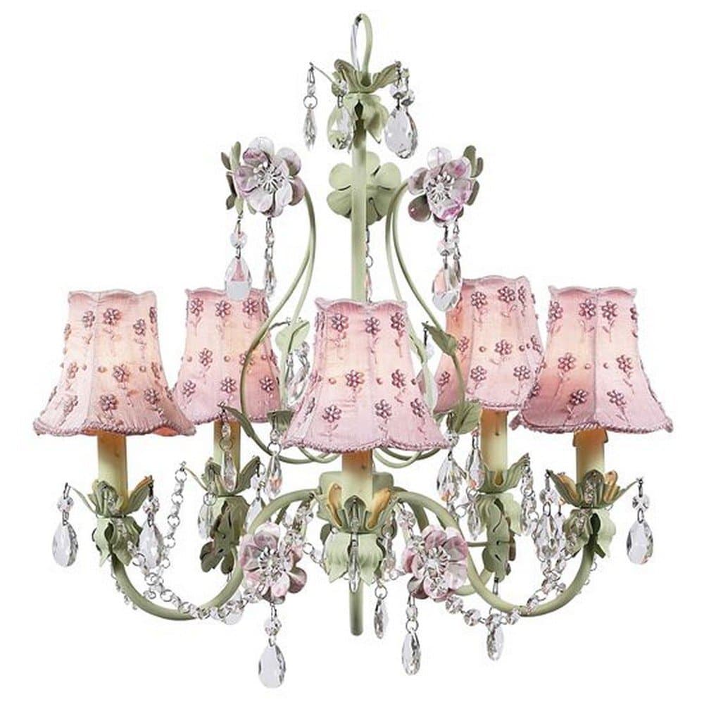 7469-2171 5 Arm Pink/Green Flower Garden Chandelier with Pink Daisy Pearl Shade