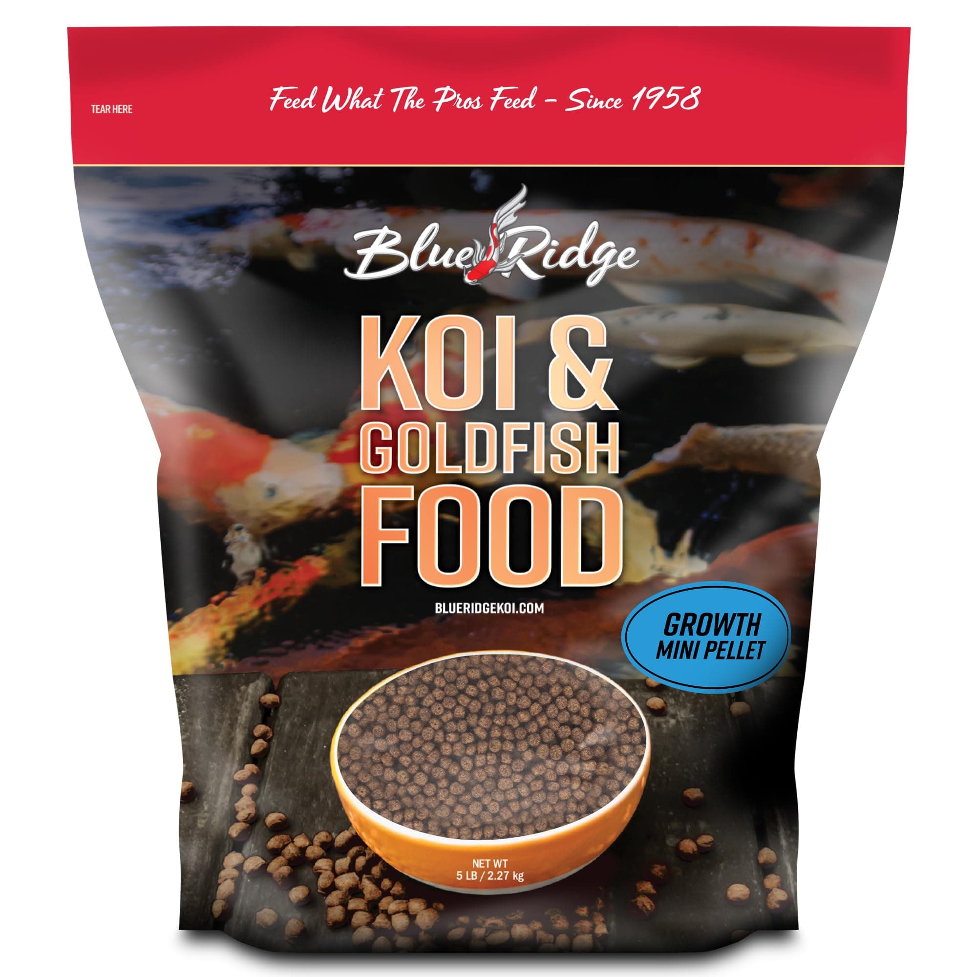 Blue Ridge Koi Fish Food 5lb - Koi Food Mini Growth Formula, Goldfish Food, Premium Fish Food for Ponds, Ponds Fish Food, Floating Pond Pellets