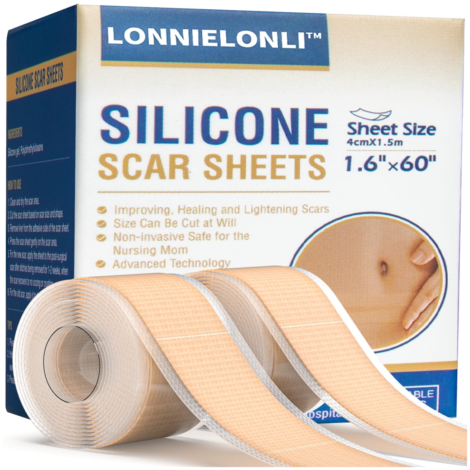 Silicone Scar Sheets（1.6" x 60”Roll-1.5M）,2 Pack Silicone Scar Tape, Silicone Strips for Scar Healing, Reusable, Professional Scar Removal Sheets for C-Section, Surgery, Burn, Keloid, Acne et