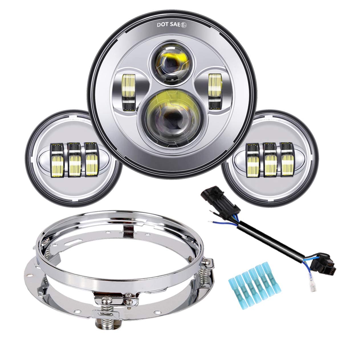 7 inch LED Headlight Fog Passing Lights Headlamp DOT Kit Set Ring Motorcycle Headlamp for Harley Davidson Road King Ultra Classic Electra Street Glide Tri Cvo Heritage Softail Deluxe Fatboy Chrome