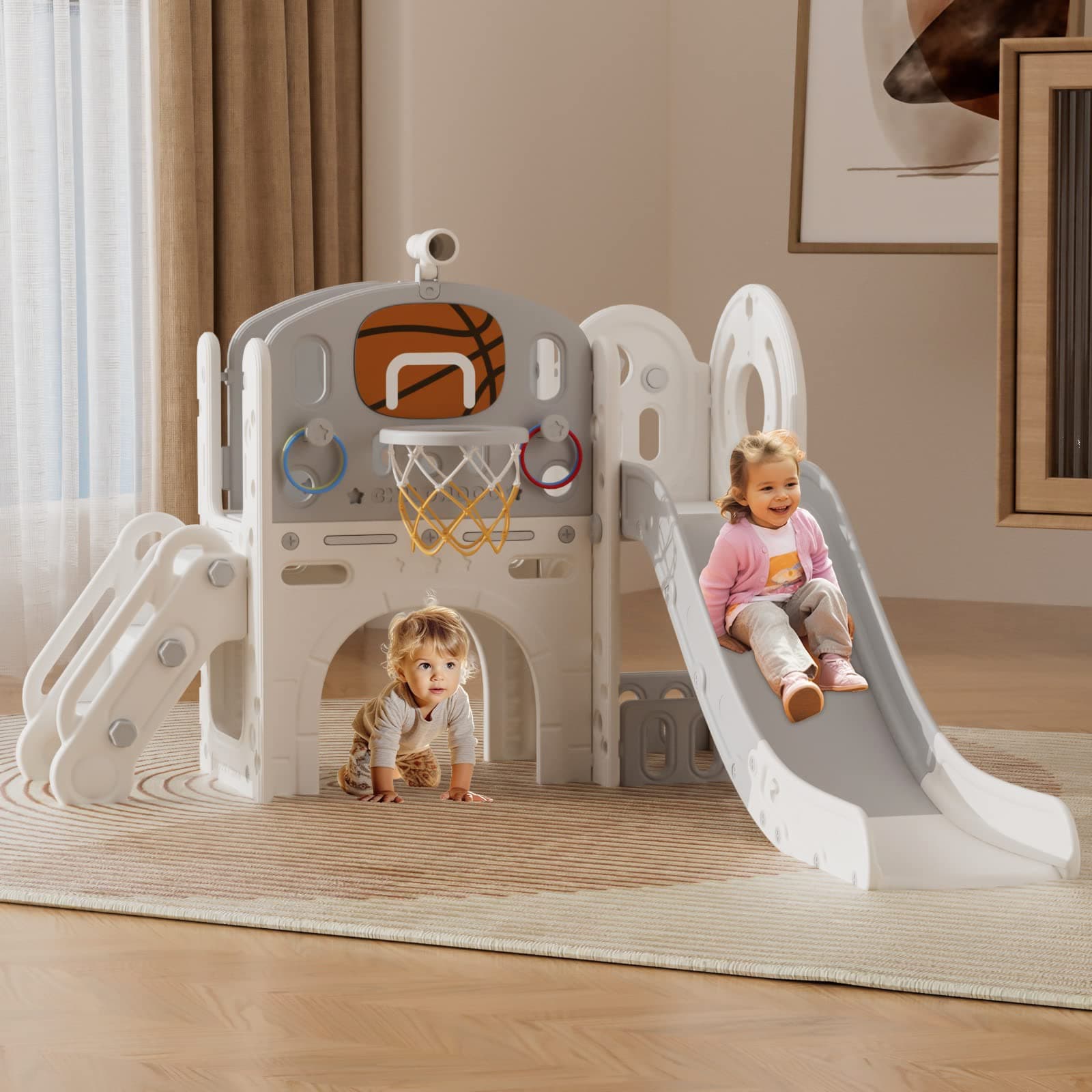 XJD Kids Slide with Basketball Hoop Toddler Climber Slide Playset with Storage Space and Telescope Playground Slipping Slide Indoor Outdoor Exercise Toy for Toddlers 1-3 years (Grey)