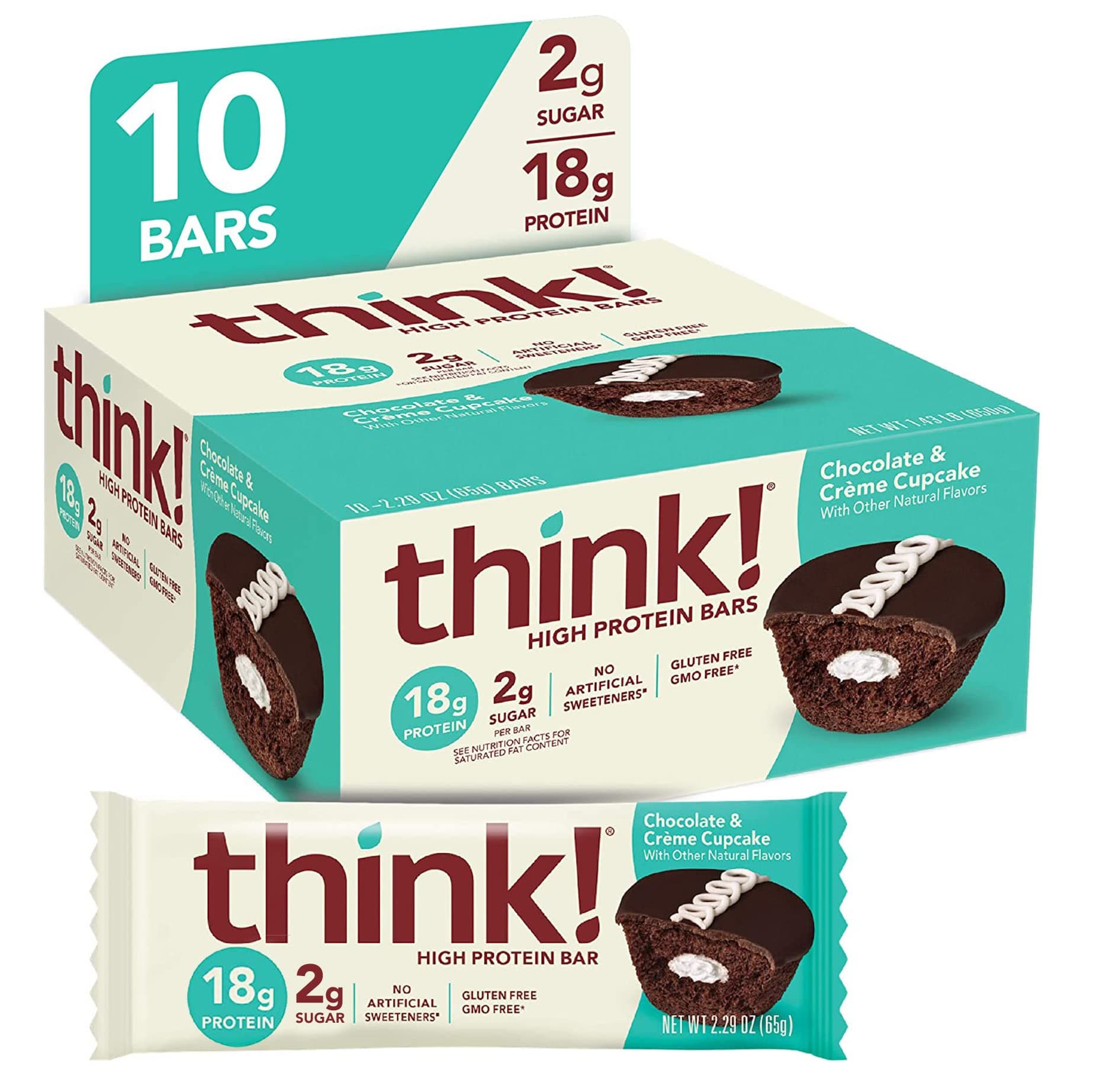 think! Protein Bars, High Protein Snacks, Gluten Free, Low Sugar Energy Bar with Whey Protein Isolate, Chocolate & Crème Cupcake, Nutrition Bars without Artificial Sweeteners, 2.1 Oz (10 Count)