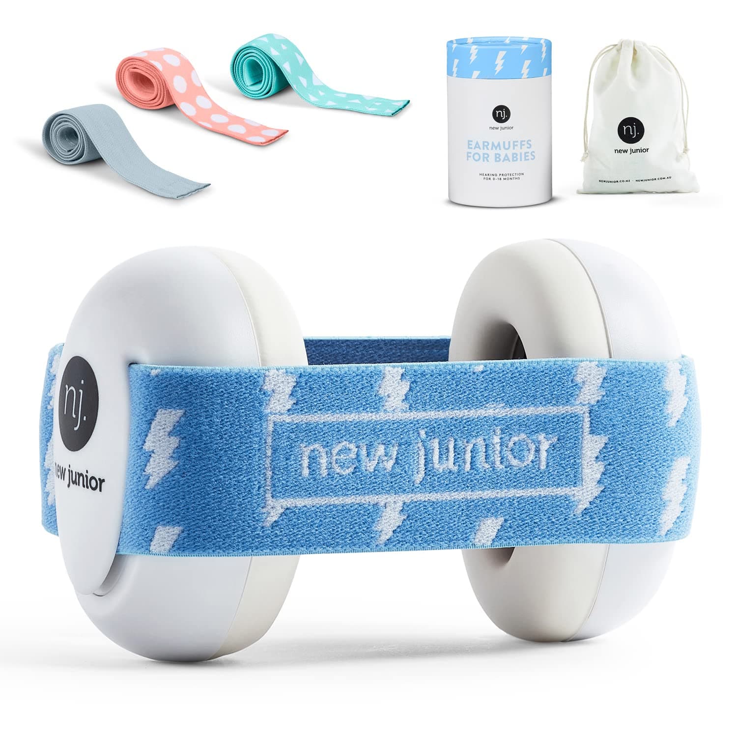 New Junior Baby Ear Protection - Newborn Noise Cancelling Earmuffs - Toddler Ear Protection up to 36 Months - Includes Carry Bag - The Only Silicone Non Slip Headband Available - (Blue Bolts)