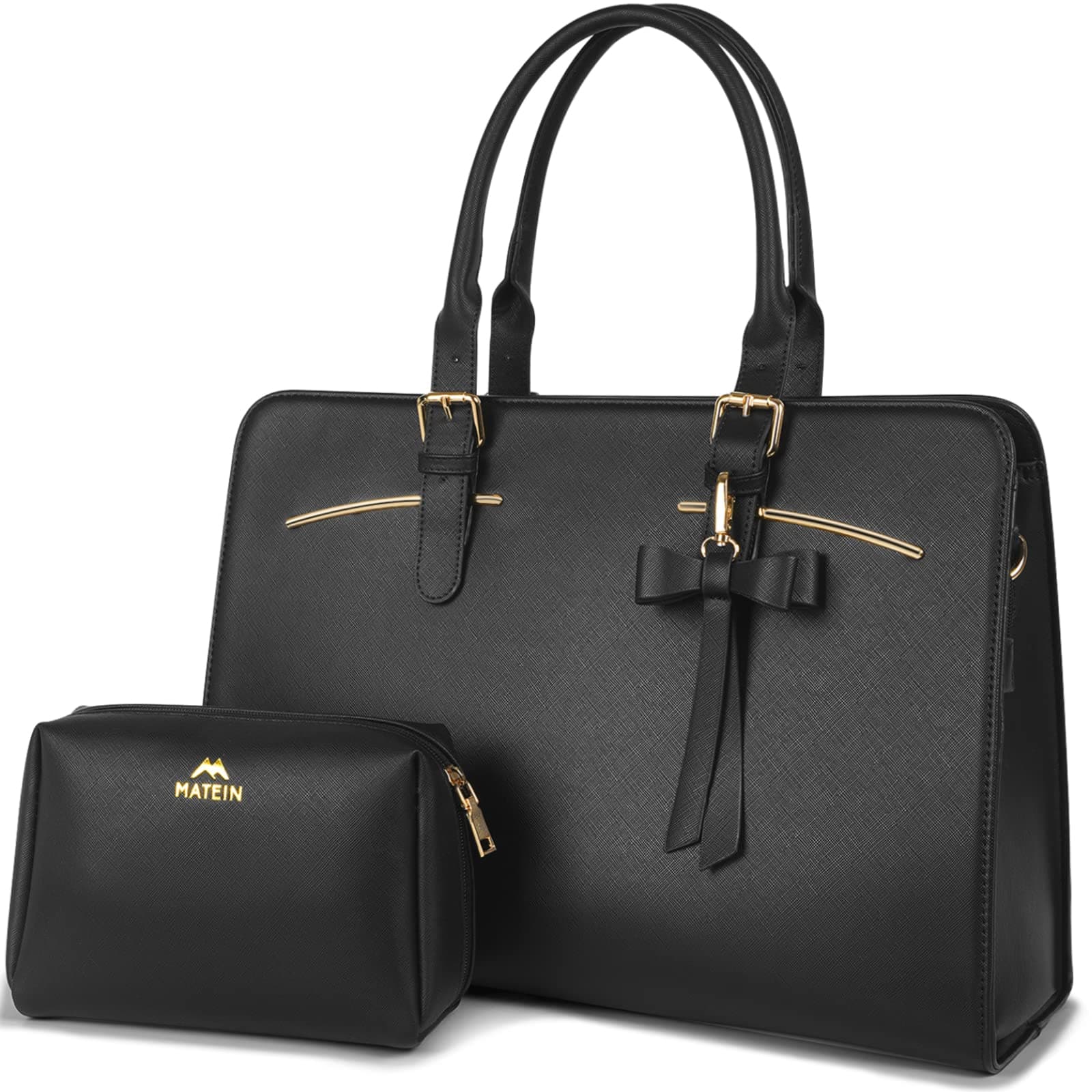 MATEIN15.6 inch Laptop Bag for Women, Waterproof Leather Work Briefcase with USB Charging Port, Casual Shoulder Tote for Computer, Business Handbag for Office and College, 2 Pcs Set, Black