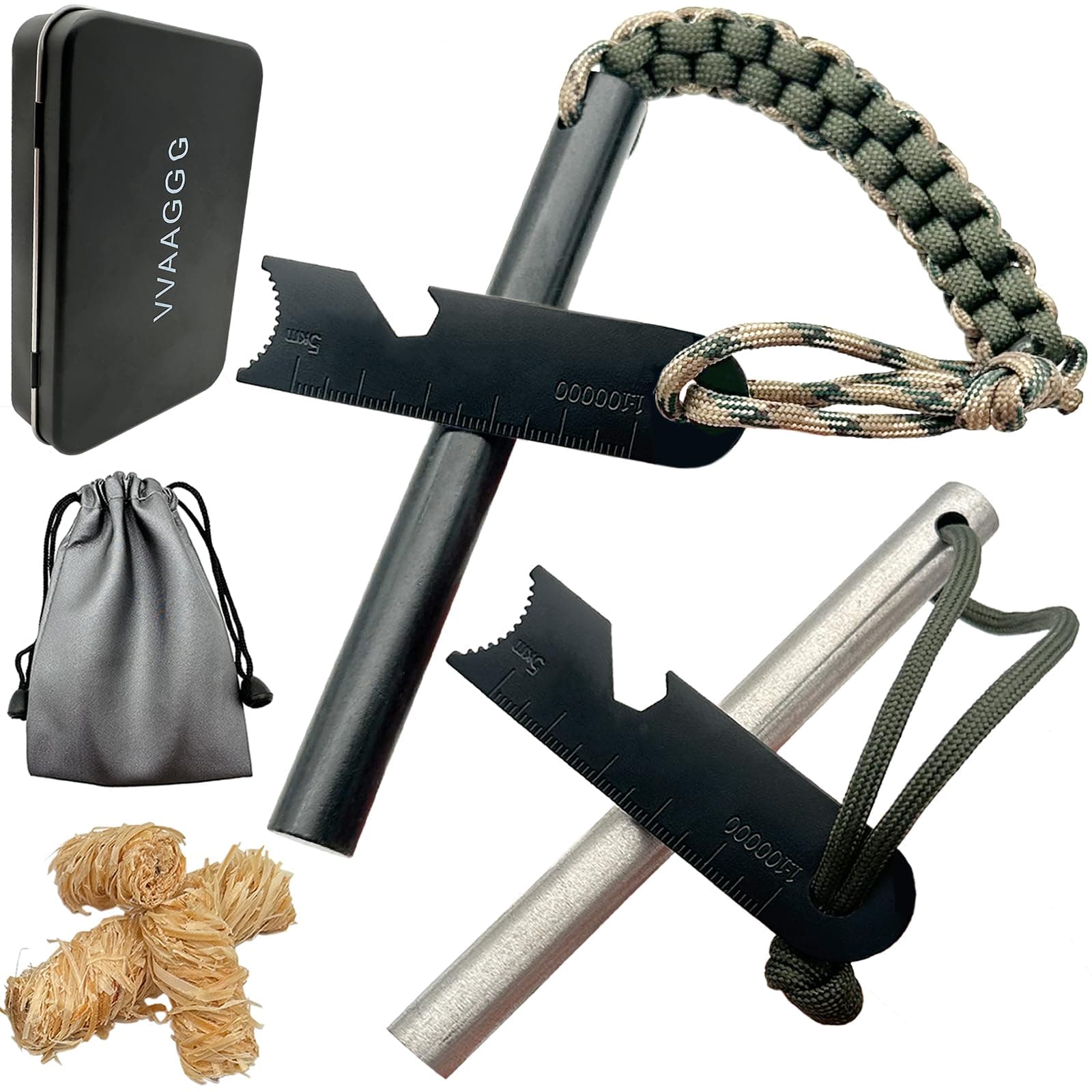 VVAAGG Flint and Steel Fire Starter Kit Survivor, 3/8" 1/2 inch Ferro Rods and Magnesium Rods with Paracord Handle