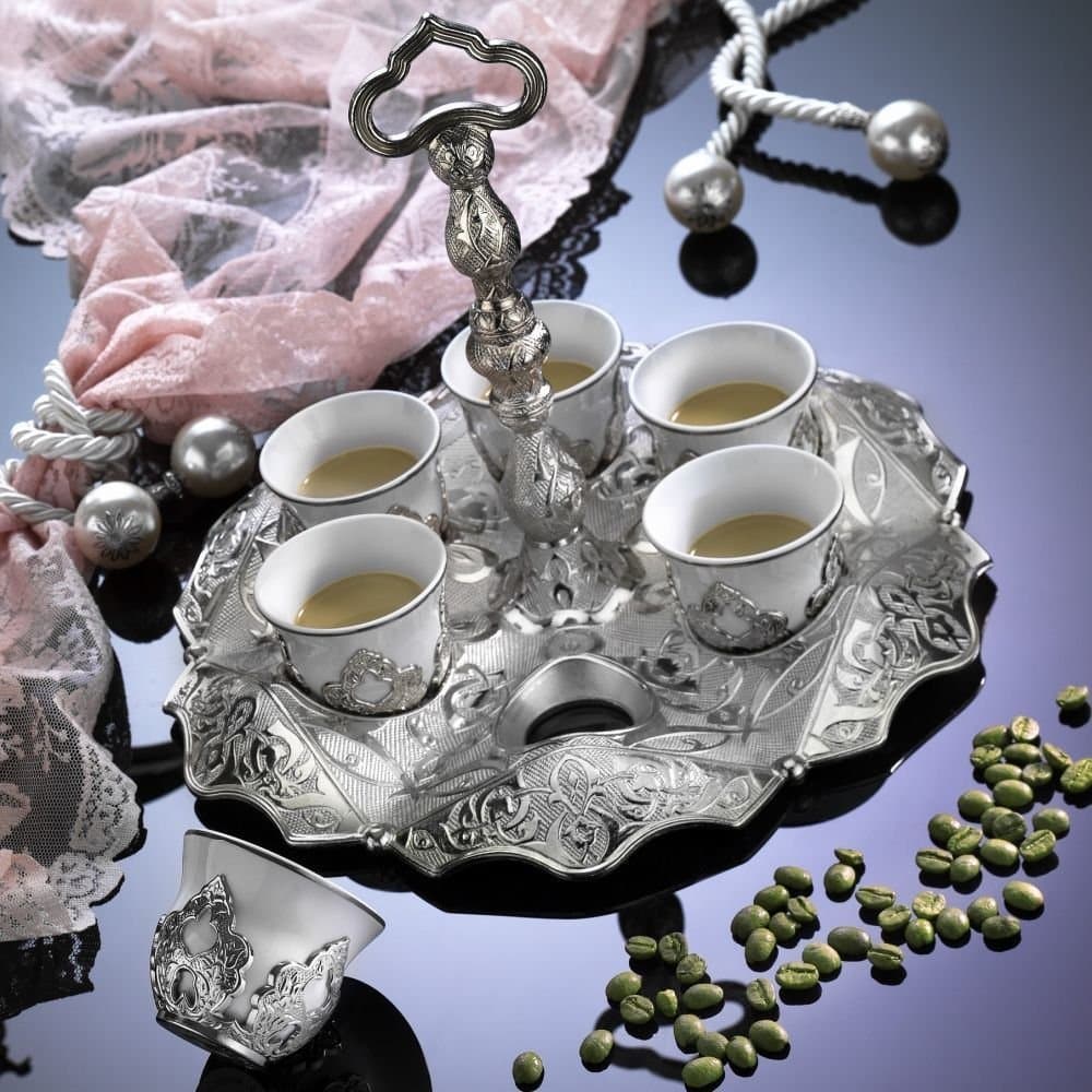 13 Pieces Vintage Style Ottoman Turkish Greek Arabic Coffee Espresso Serving Cup Gift Set, Silver