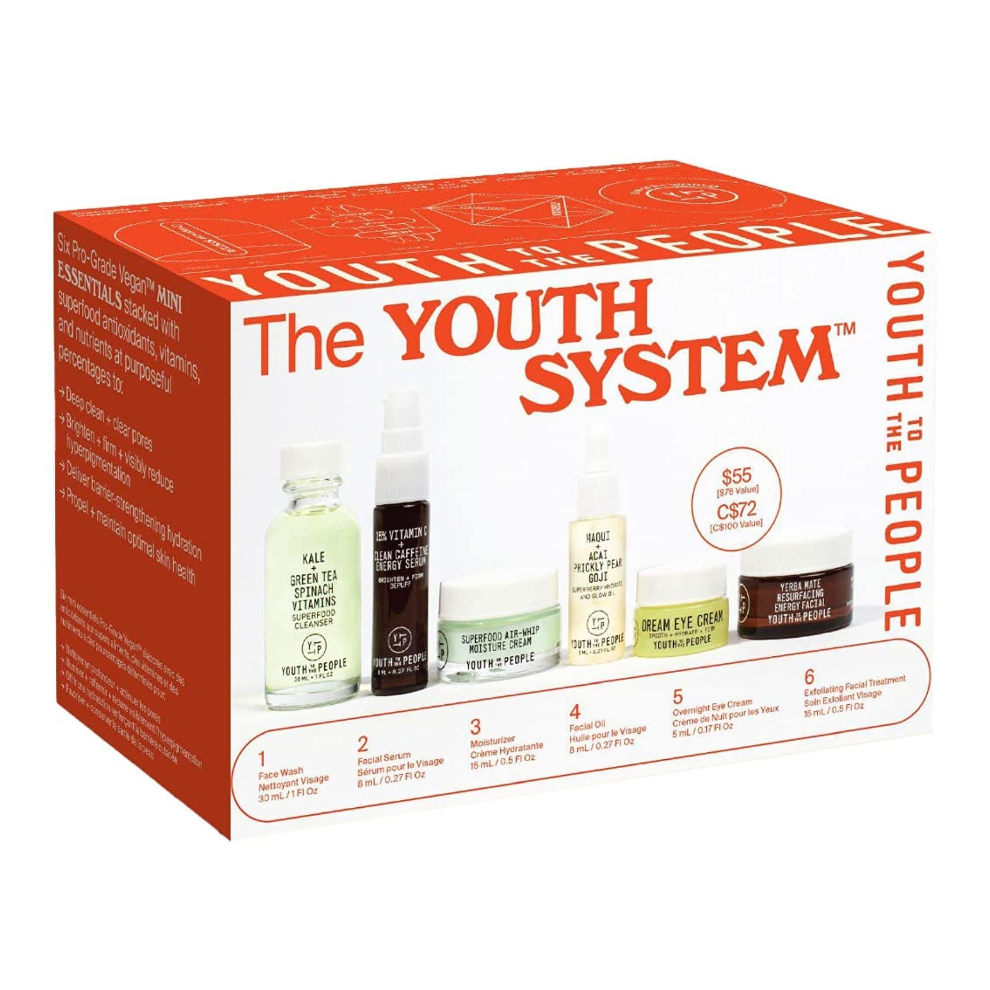 The Youth System - 6 Piece Set with Superfood Cleanser, Face Oil, Moisturizer, Vitamin C Serum, Eye Cream, Energy Facial - Vegan, Clean Skincare Kit