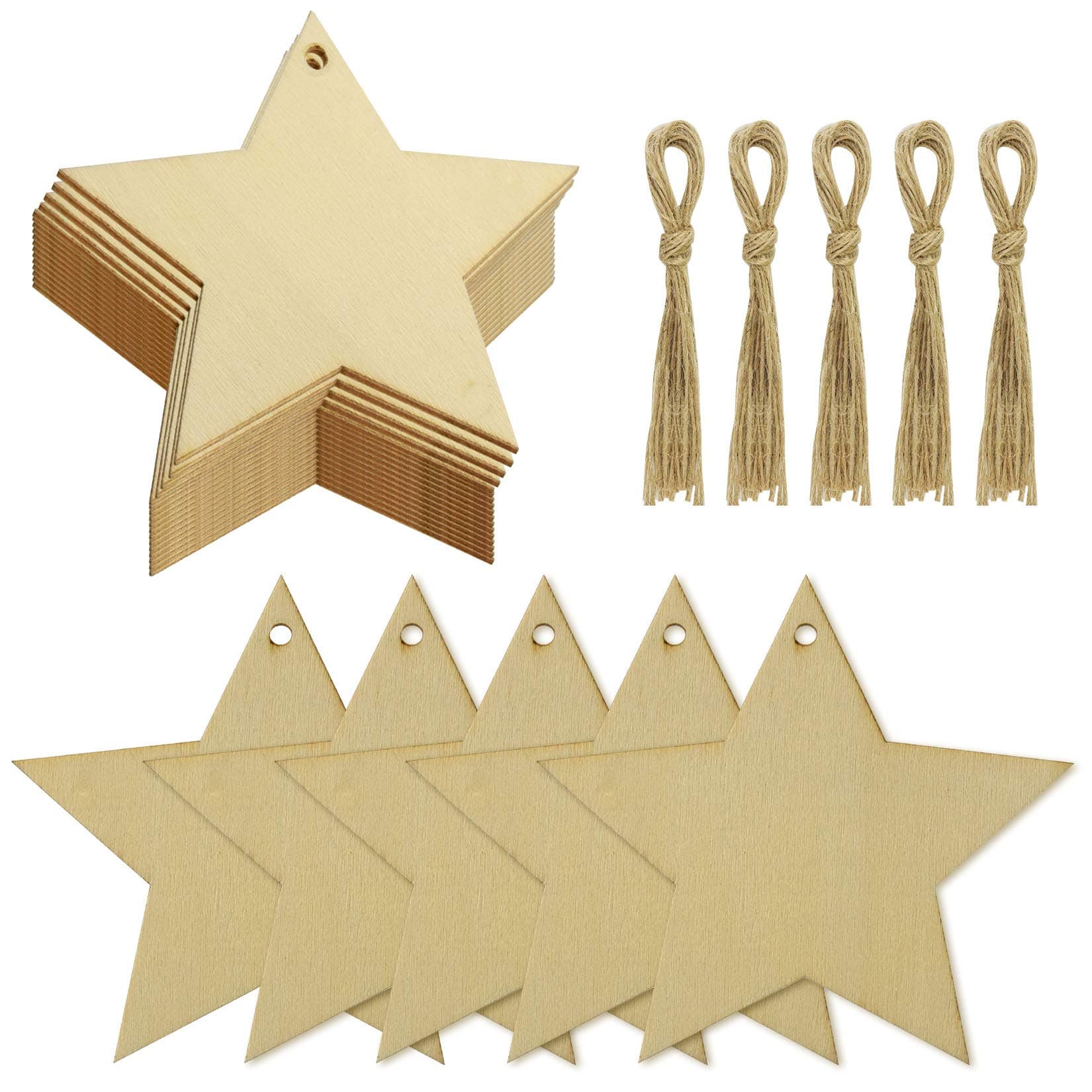 obmwang 50 Pieces Natural Wooden Star Cutouts Unfinished Predrilled Wooden Star Embellishments with Natural Twine for Christmas, DIY Craft, Party Decoration