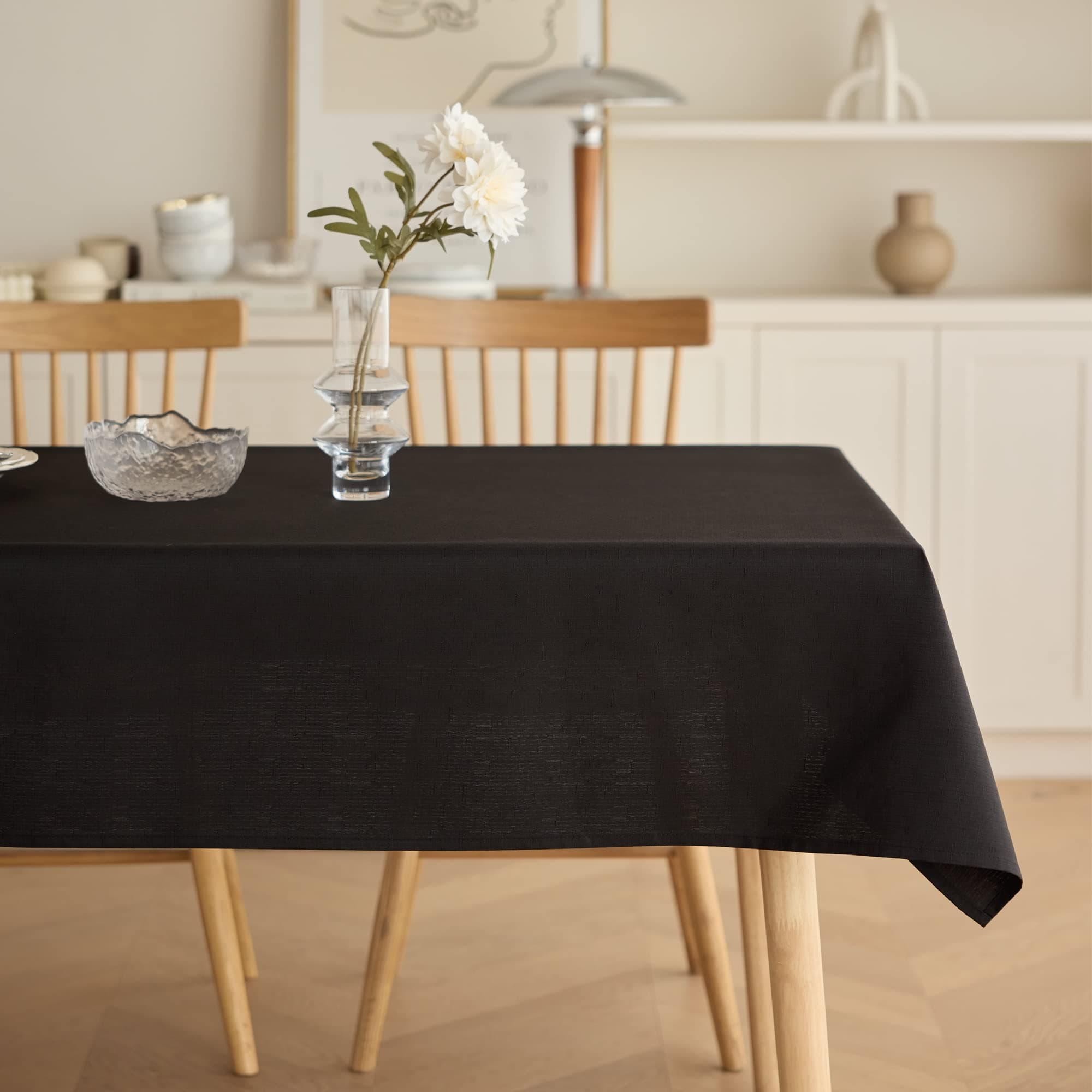 Waterproof Burlap Black Tablecloths for 8 Ft Rectangle Tables, Easy Care Reusable Decorative Fabric Outdoor Table Cover for Kitchen, Dinging Room (Oblong, 60 x 104 Inch (8-10 Seats), Black)