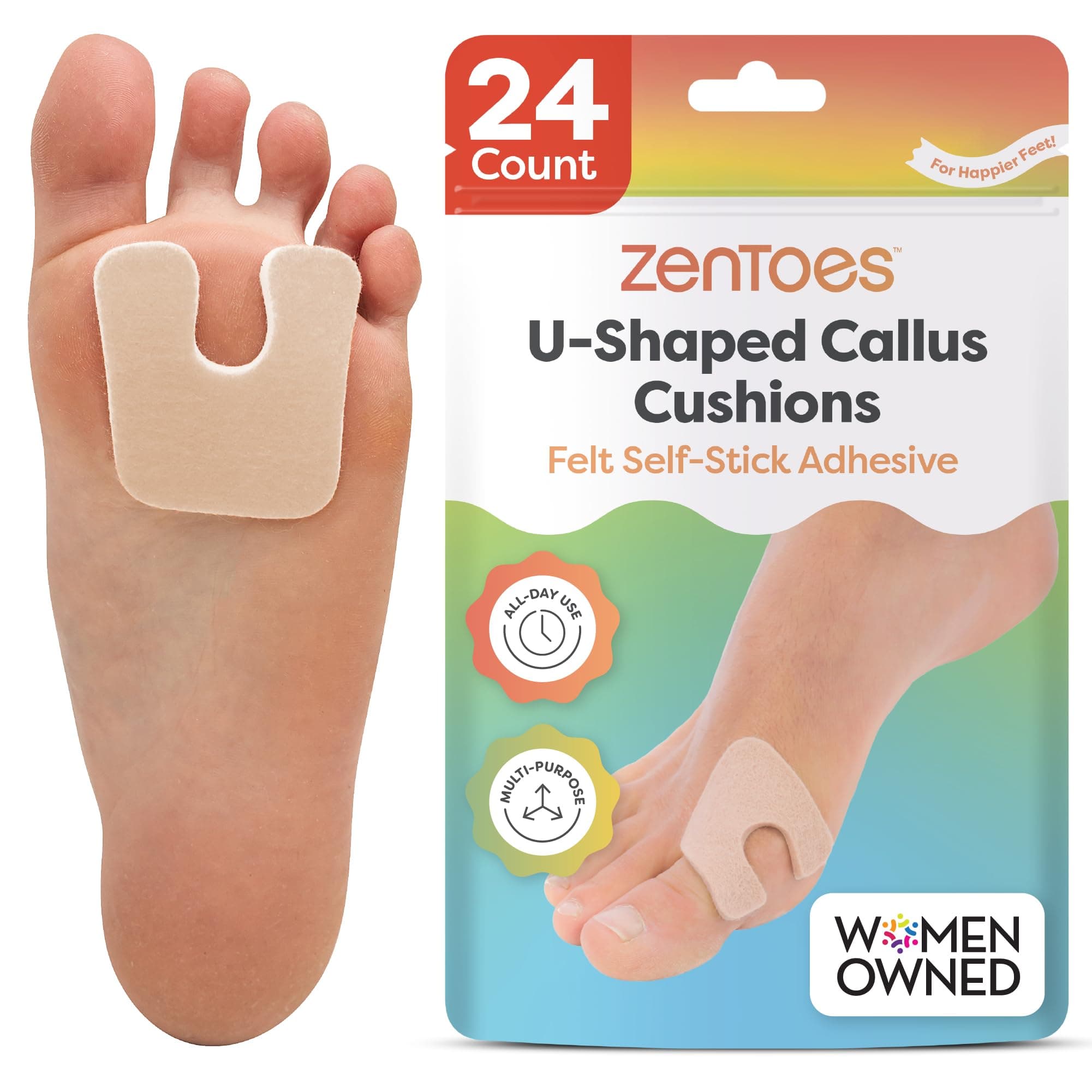 ZenToesU-Shaped Felt Callus Pads | Protect calluses from rubbing on Shoes | Reduce Foot and Heel Pain | Pack of 24-1/8" self-Stick Pedi Cushions