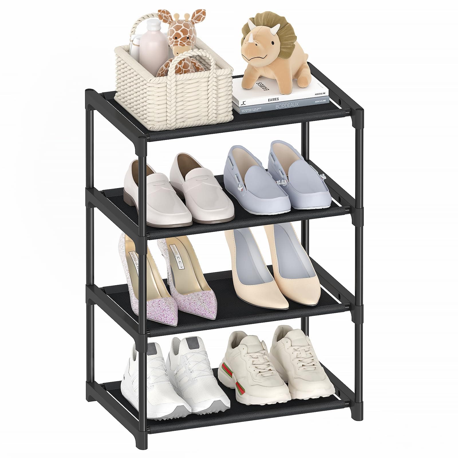 4 Tier Extra Small Shoe Rack (16.3" Wide), Narrow Stackable Kids Toddler Adult Shoe Storage Organizer Shelf for Closet Floor Entryway Bedroom, Space Saver Shoe Rack Organization Shelves