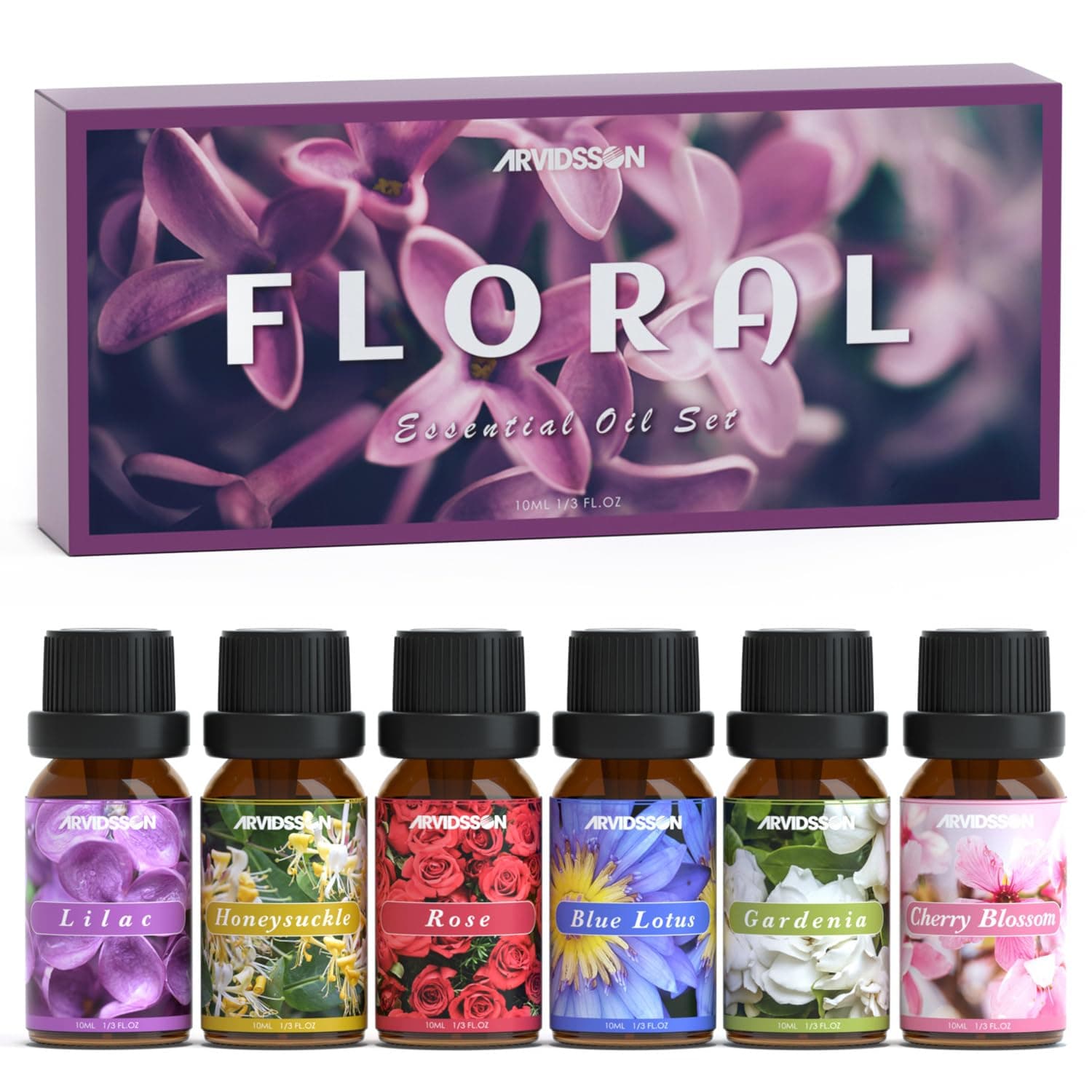 ARVIDSSON Floral Essential Oils Set, Natural Flower Essential Oil Gift for Women - Rose, Gardenia, Cherry Blossom, Honeysuckle, Lilac, Blue Lotus, Scented Oil for Diffuser, Valentines Day Gift for Her