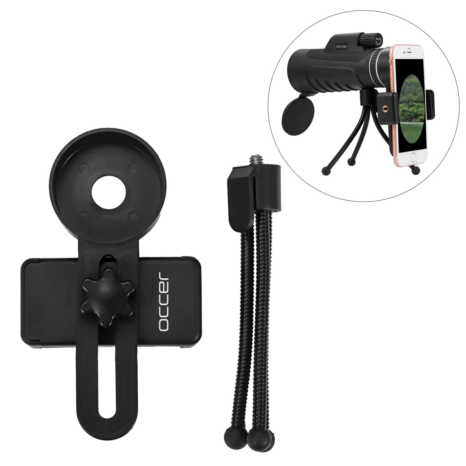 Occer Universal Telescope Monocular Smartphone Adapter Clip 45mm Diameter Lens, Spotting Scope Cellphone Mount Holder 25-45mm with Durable Tripod Mount Fit Women Men Kids for Image Capture