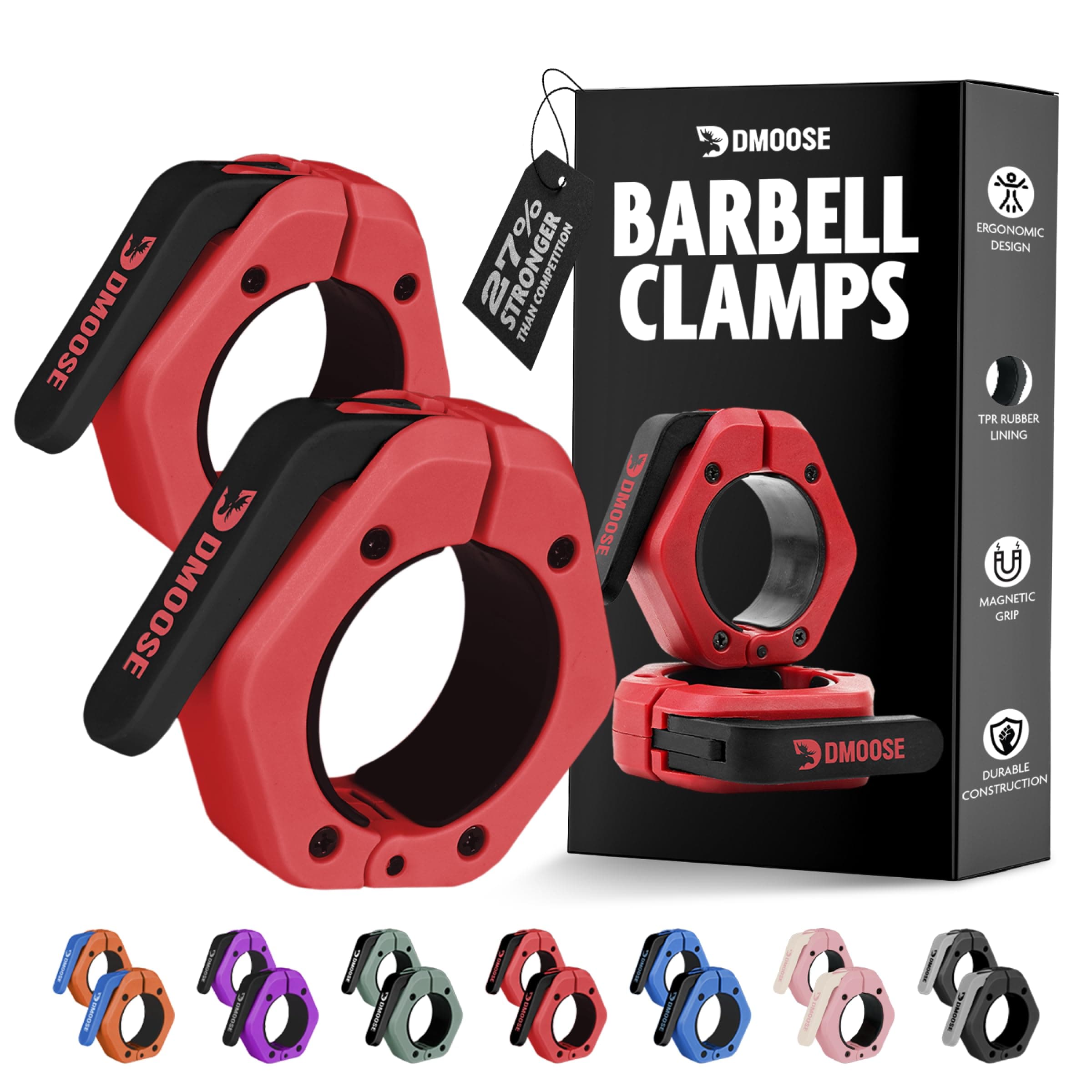 Barbell Clips 2" (Pair) - Quick Release Olympic Barbell Clamps with Anti Slip TPR Lining - Barbell Collars for Secure Weightlifting & Powerlifting, Weight Clips (Red & Black - Magnetic)