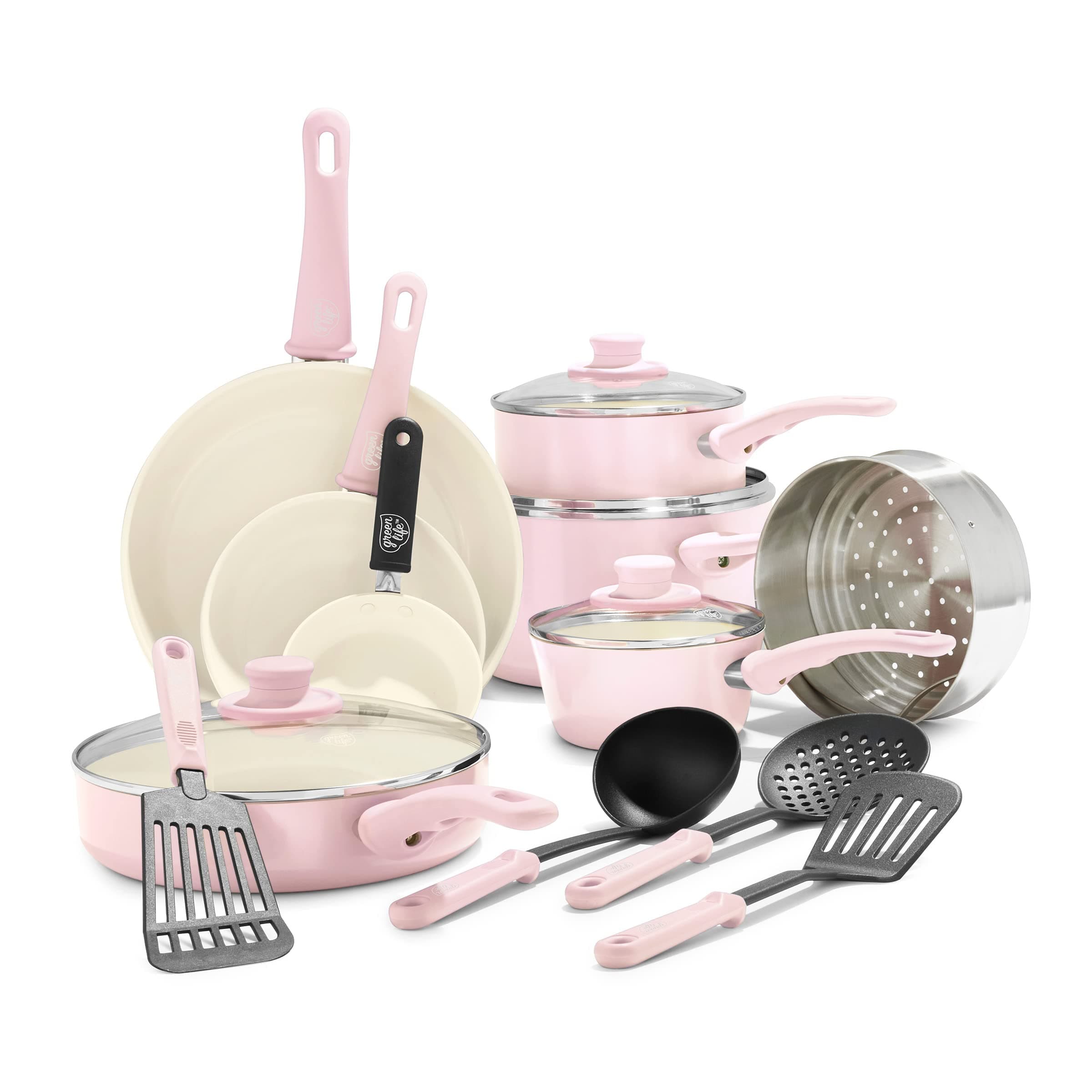 CC002377-001 Ceramic Cookware Set, 1Qt covered saucepan, 2Qt covered saucepan, 5Qt covered stockpot, 2. 5Qt covered saute pan, 16 Piece (Soft Pink)