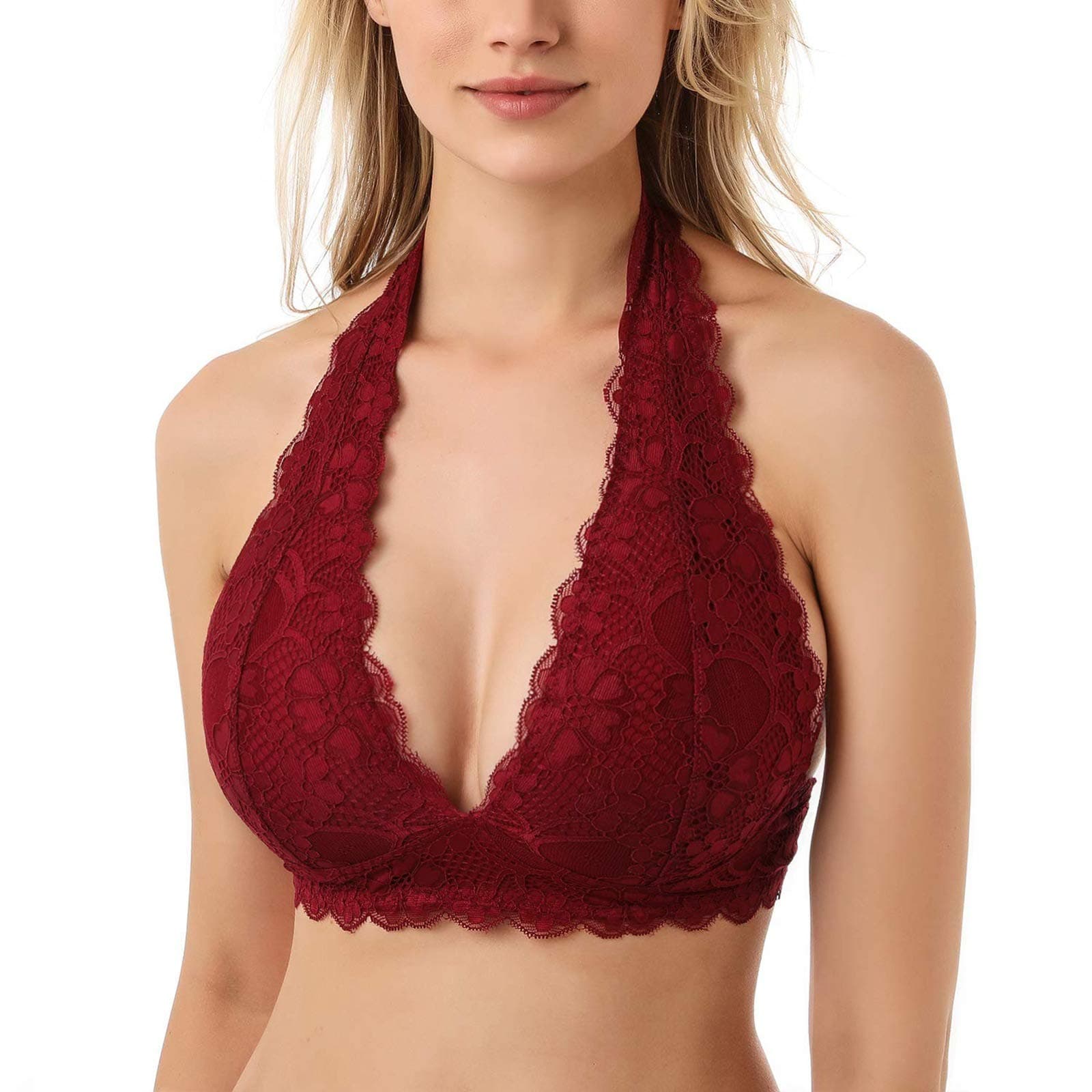 JOJOANSFloral Lace Halter Bra Bralette Top Hook and Eye Closure Back Unpadded Wirefree Lace Bra