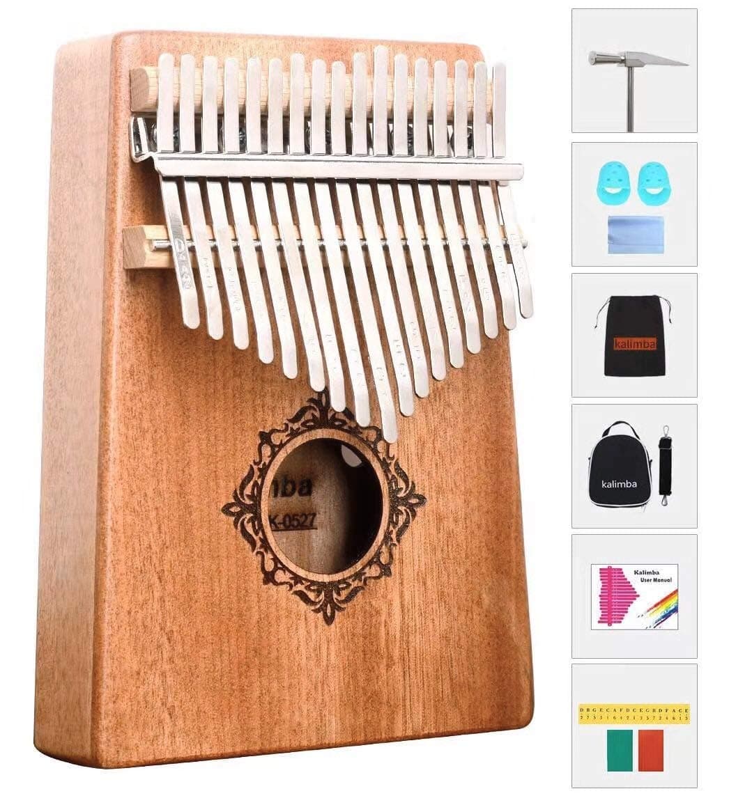 RMK Kalimba 17 Keys Thumb Piano Finger Piano Hand Piano Solid Mahogany Wood Body with Tune Hammer Finger Sleeve Cloth, two bags,English Manual,Tune Stickers and Color Stickers