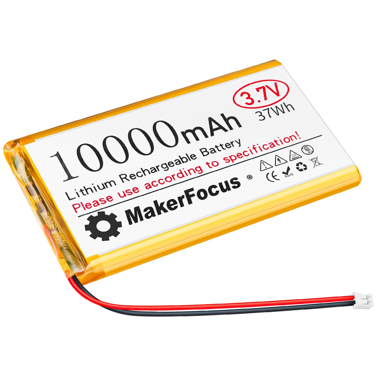 MakerFocus 1pcs 3.7V 10000mAh Lithium Polymer Rechargeable Battery 1S LiPo Battery with Protective Board, Insulation Coating and PH2.0 Plug for Raspberry Pi Battery Pack UPS and Other