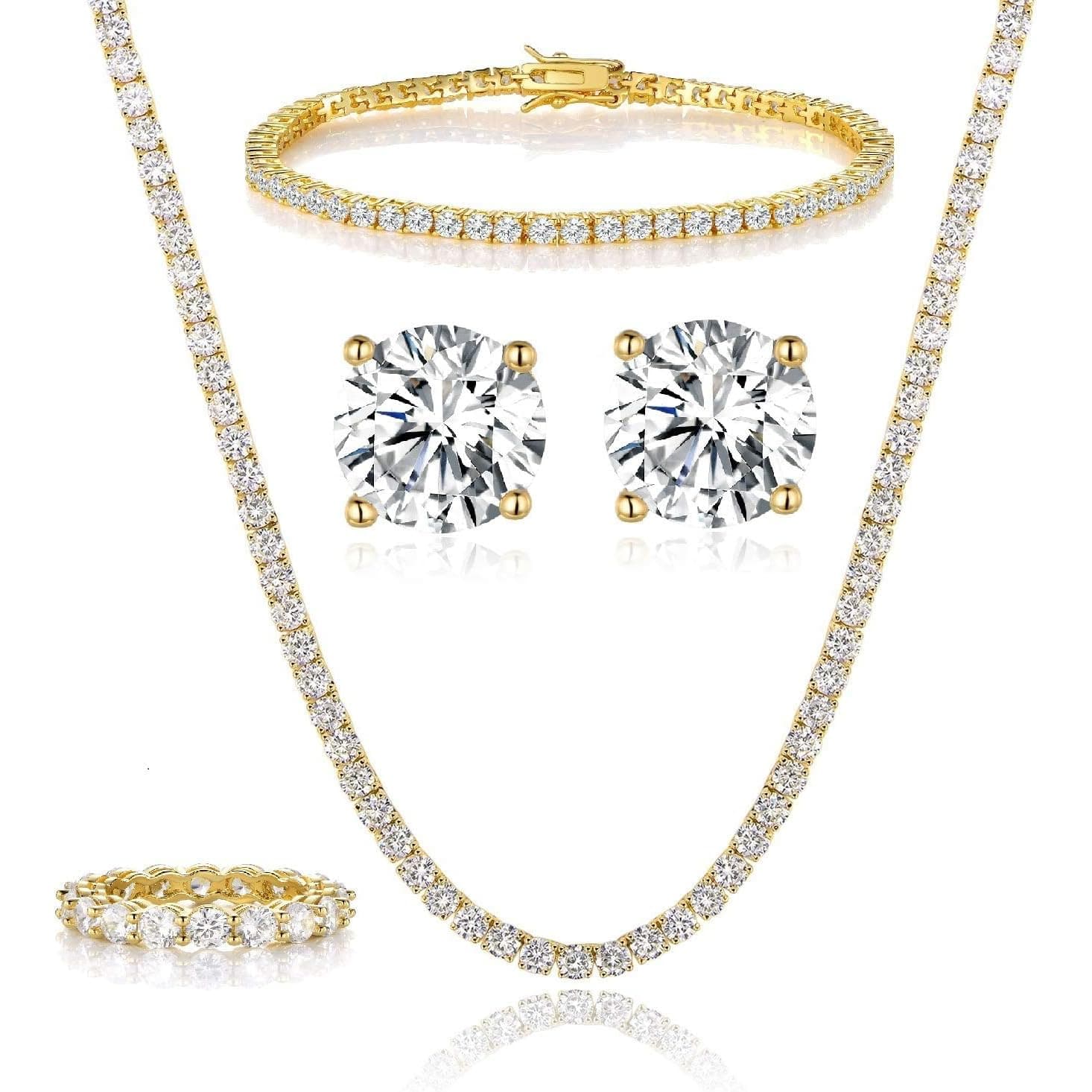 18K White Gold Plated Tennis Necklace/Bracelet/Earrings/Band Ring Sets Hypoallergenic Jewelry Pack of 4