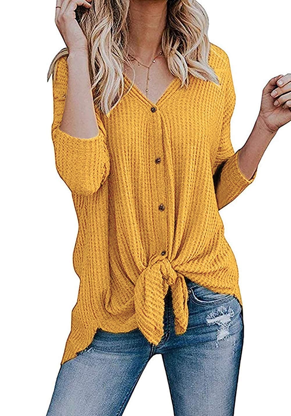 Women's S-3XL Button Down Blouse Shirt Tie Knot Thermal Tops Mustard XL