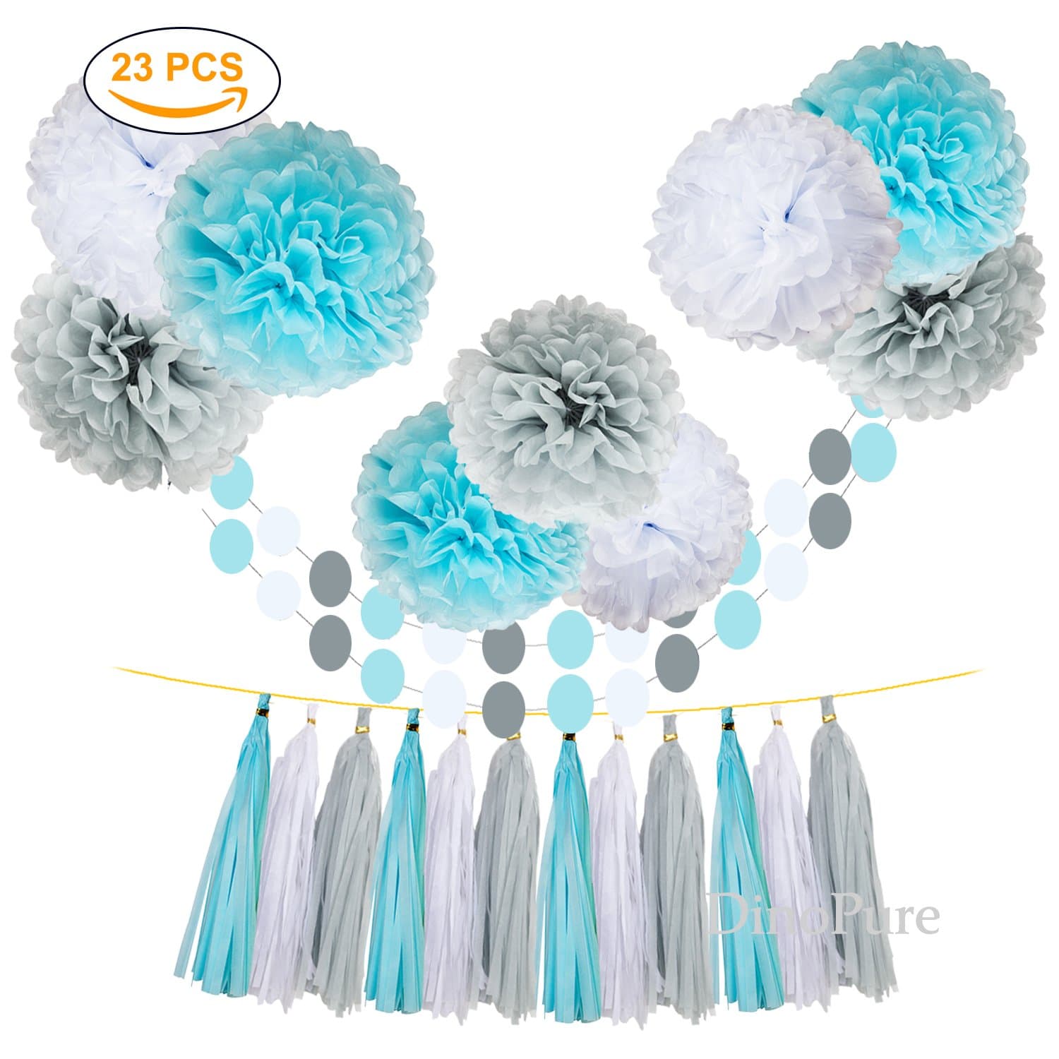 Umiss 23pcs Party Tissue Pom Poms Tissue Flowers Baby Blue White Grey Baby Boy Shower/Party Paper Decorations First Birthday Boy Tissue Flowers Tassel Garland Circle Paper Baby Shower Decorations