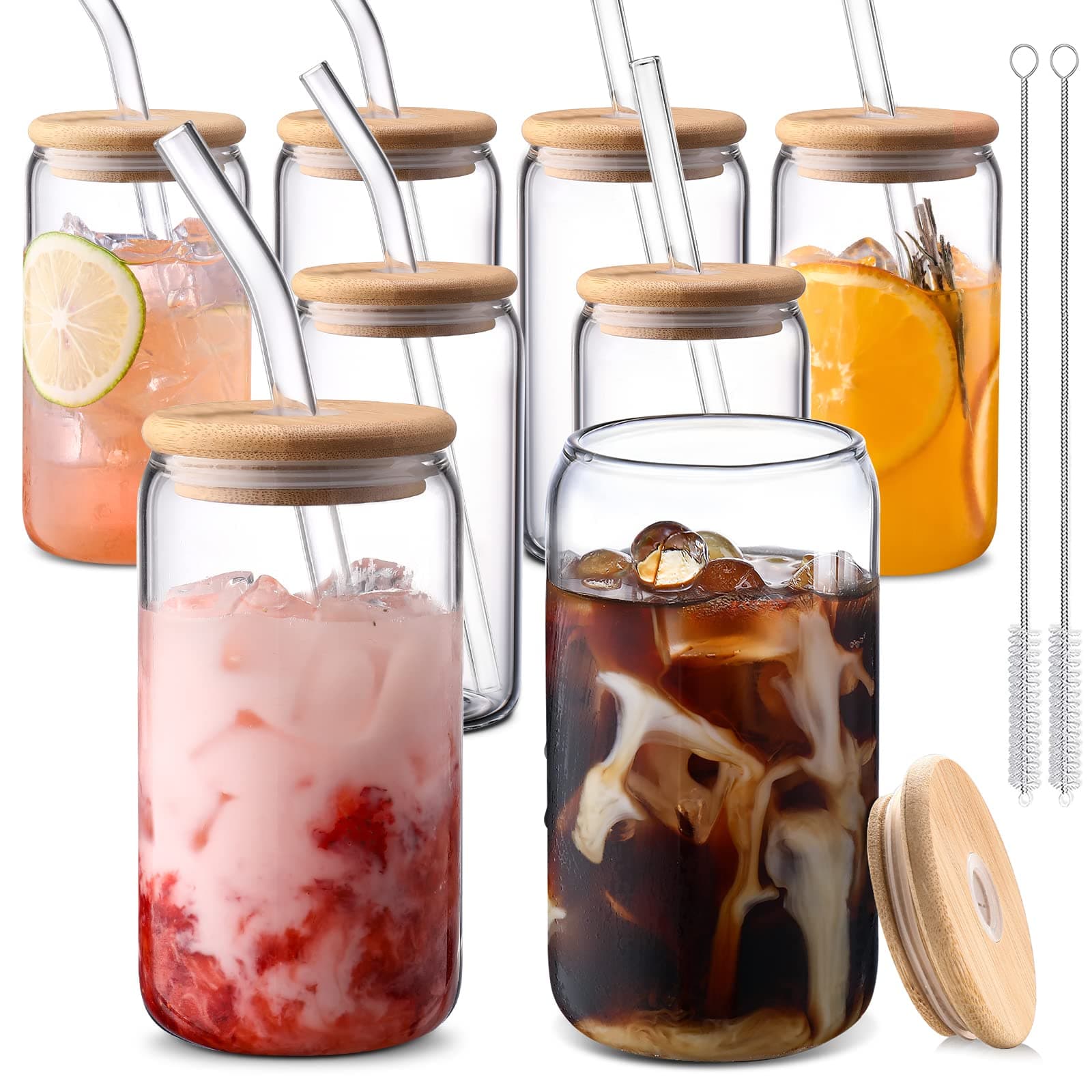 DWTS DANWEITESI Glass Cups with Lids and Straws 8 pcs,16 oz Glass Iced Coffee Cups with Lids-Clear Glass Coffee Cups,Cute Glass Cups for Coffee Bar Accessories Gifts