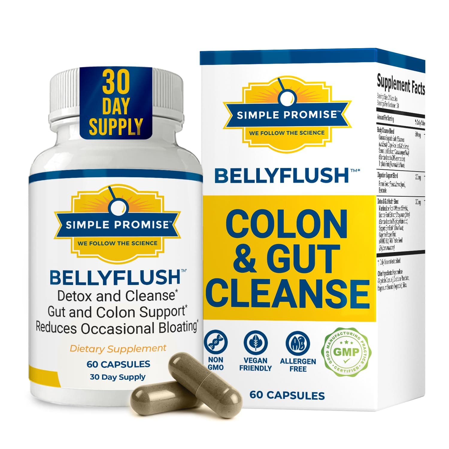 Simple Promise BellyFlush - Gentle Colon & Gut Cleanse Supplement with Milk Thistle & Bentonite Clay - Supports Constipation, Debloat, Digestive Detox & Flushing - 60 Capsules