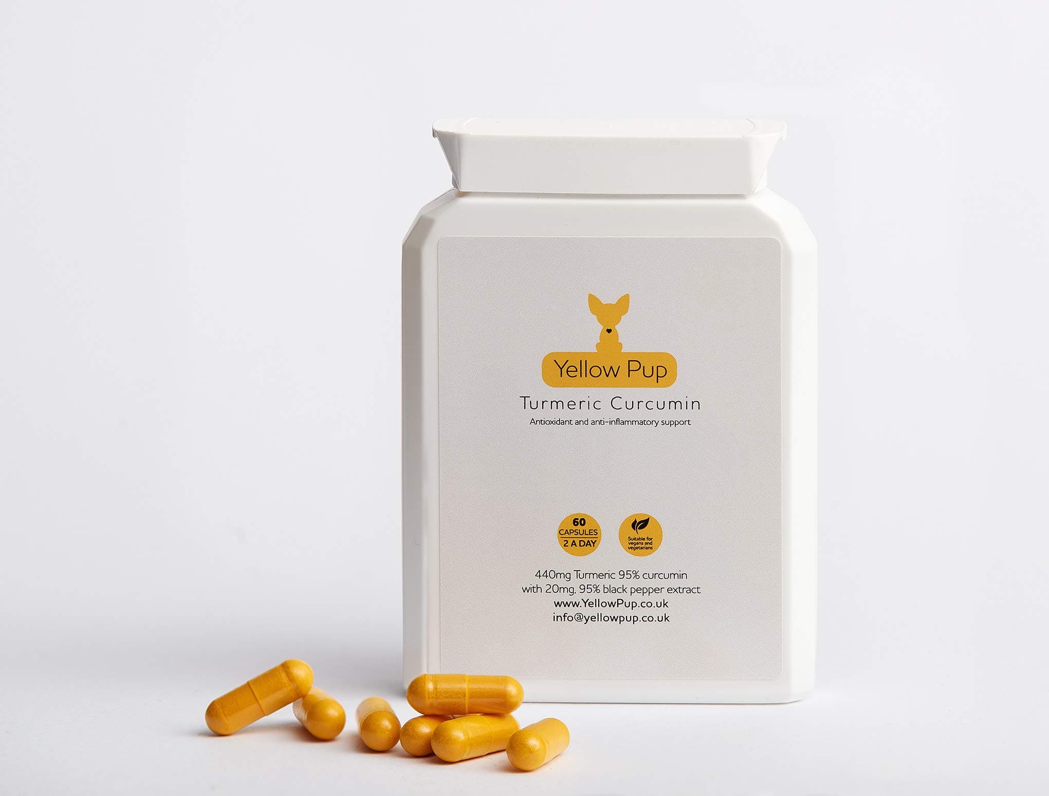 Yellow Pup Turmeric Curcumin. Daily dose of 880mg of Pure Root Extract at 95 Percent curcuminoids and 40mg of Black Pepper Extract. Food Supplement for Anti-inflammatory and antioxidant Support.
