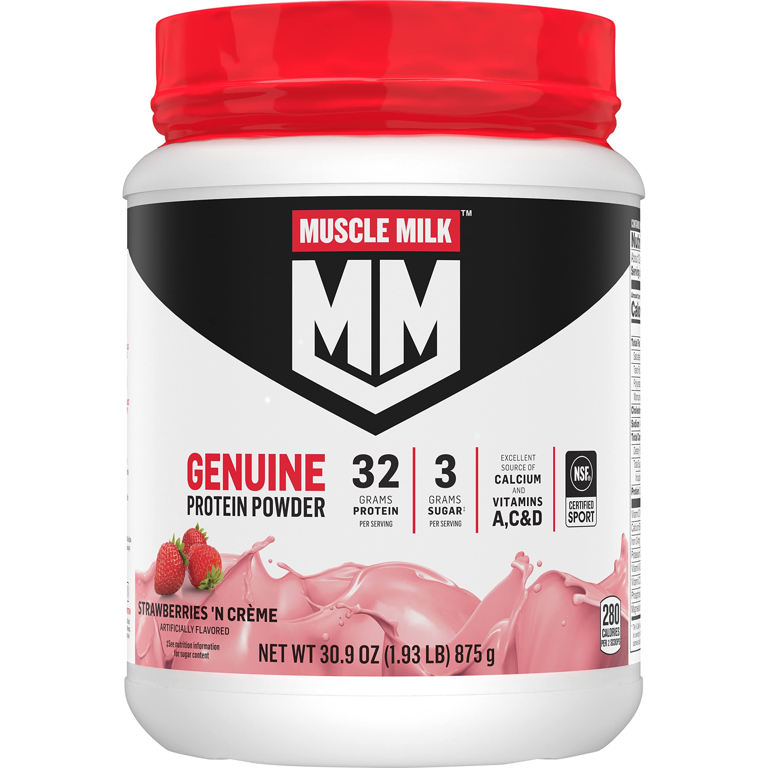 Genuine Protein Powder, Strawberries ‘N Crème, 1.93 Pounds, 13 Servings, 32g Protein, 3g Sugar, Calcium, Vitamins A, C & D, NSF Certified for Sport, Energizing Snack, Packaging May Vary
