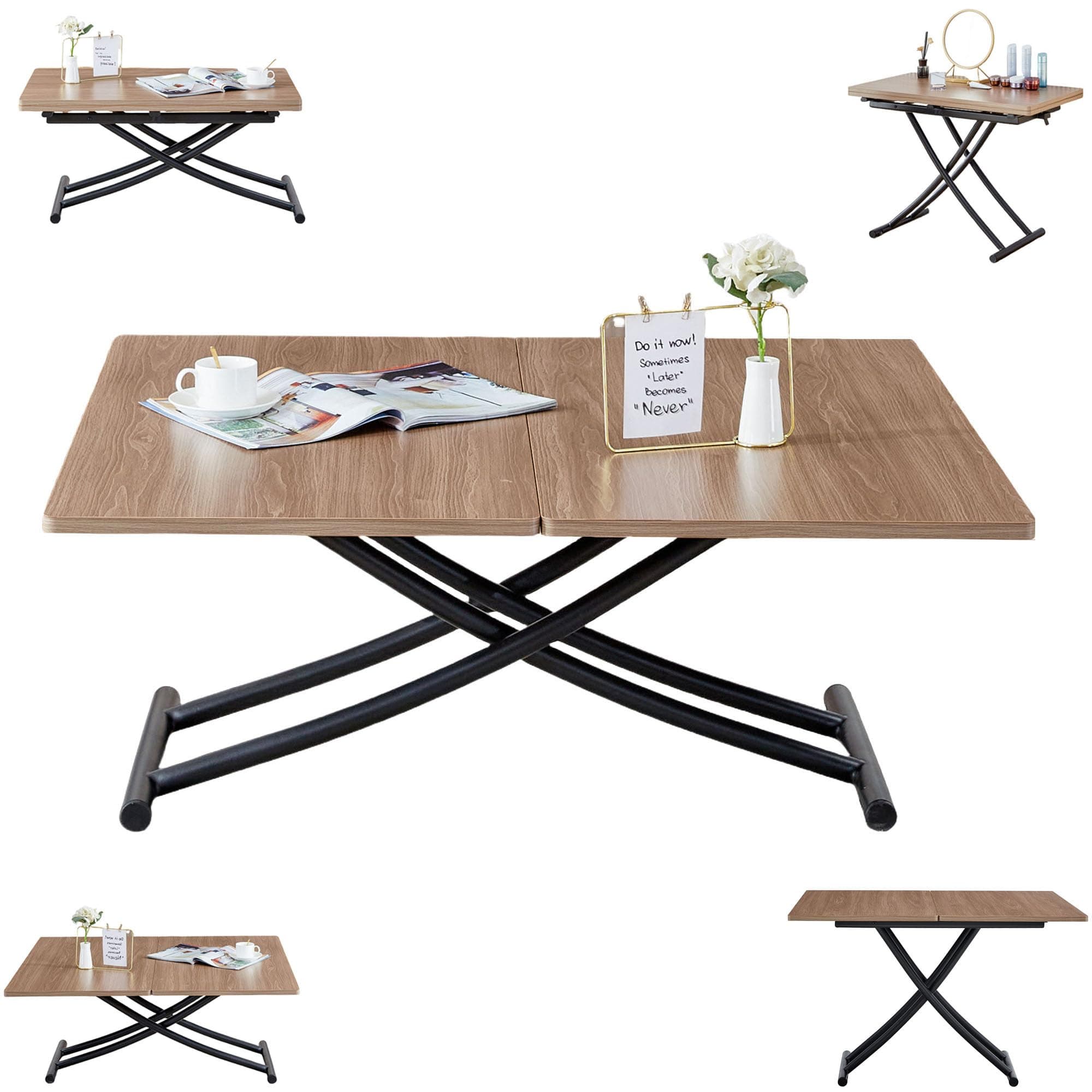 Multifunctional Folding Table, Lift Top Coffee Table Convertible to Dining Table, Height Adjustable Wooden Dinner Table with Metal Legs, Modern for Small Spaces Dining/Living Room/Kitchen