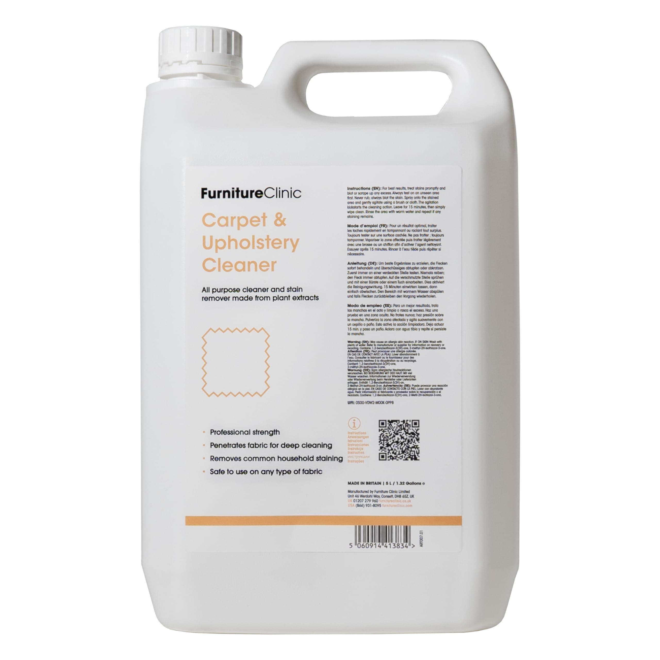 Carpet & Upholstery Cleaner Spray - Carpet Cleaner Solution for All Fabrics, Textiles & Carpets - Stain Remover - Natural Plant Based - Safe to Use On Silk & Wool (5L)