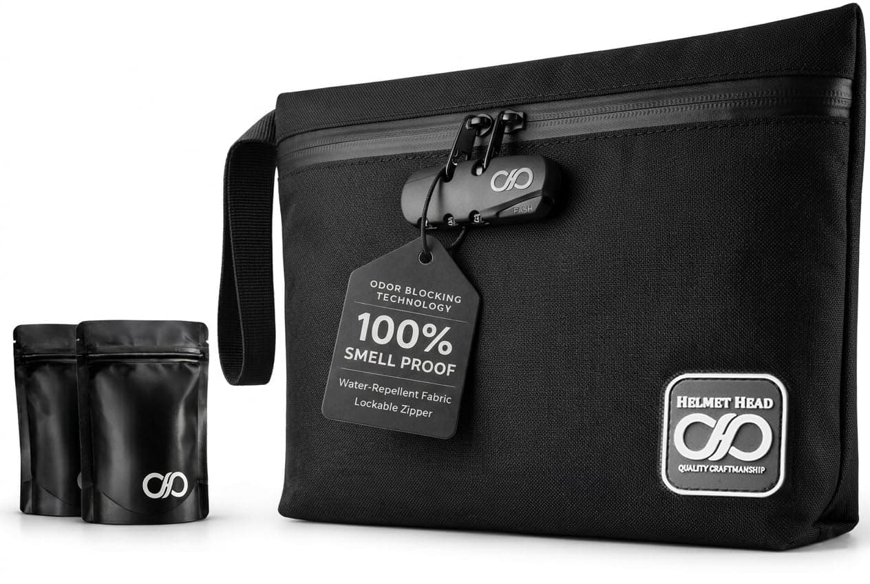 HELMET HEAD Smell Proof Bag with Combination Lock | Lockable Stash Box, Travel Medicine Bag & Herb Keeper | Includes Mylar Bags & Pouches | Odor Control Storage (Black)