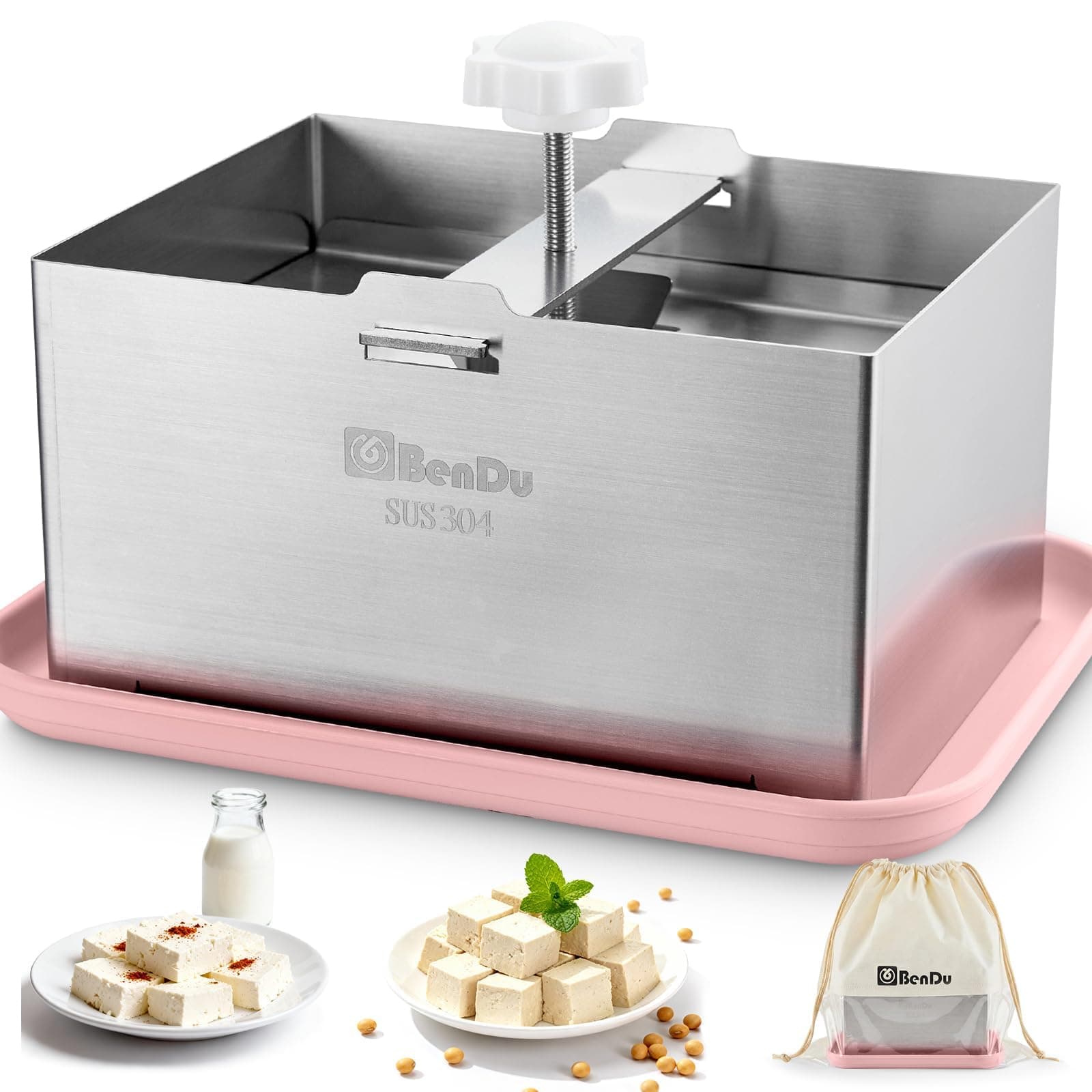 Tofu Press Stainless Steel, Paneer Maker with Tofu Press Cloth and Drip Tray, Improves Tofu Flavor and Texture, for Homemade Tofu, Paneer Press and Cheese Press, Multi-Functional Kitchen Tool（Pink）