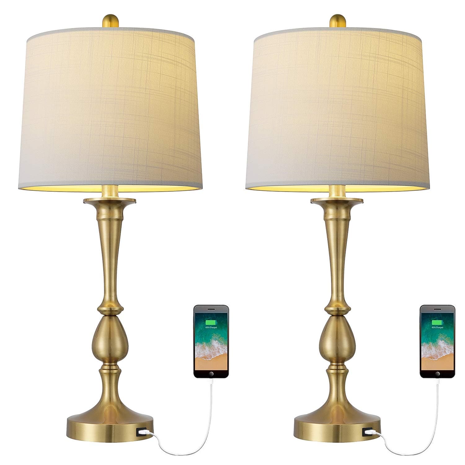 Oneach USB Table Lamp Set of 2 for Bedroom 25" Modern Bedside Desk Lamp with USB Port for Living Room Coffee Table Antique Brass