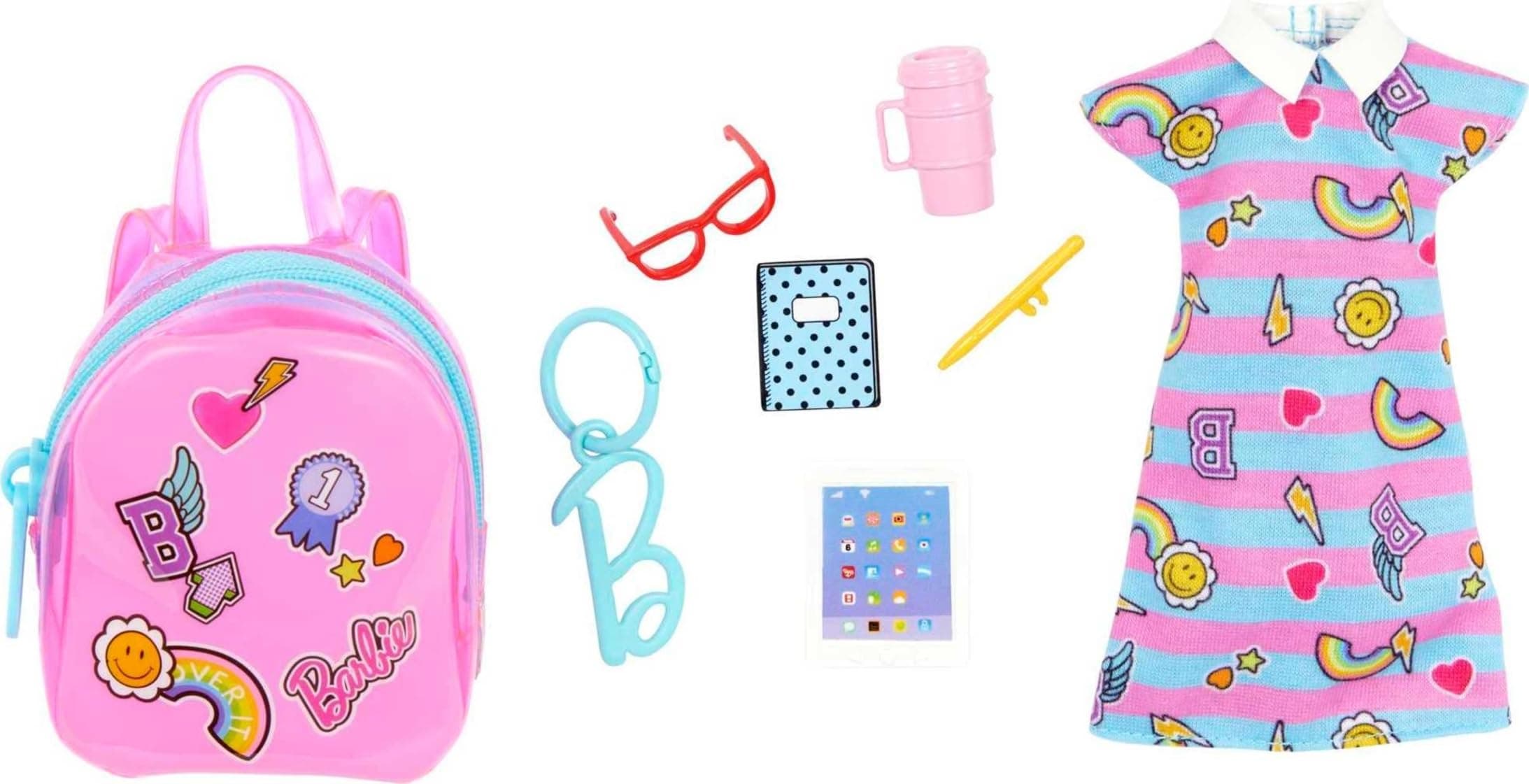 Clothes Set, School-Themed with Dress, 5 Acessories & Zippered Doll-Sized Backpack with Clip-On Ring