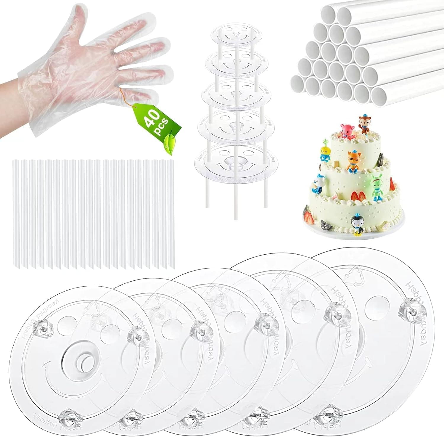 Plastic Cake Dowel Set: 40 Rods, 20 White Support, 5 Separator Plates for 4 to 12'' Cakes & 15 Clear Stacking Dowels