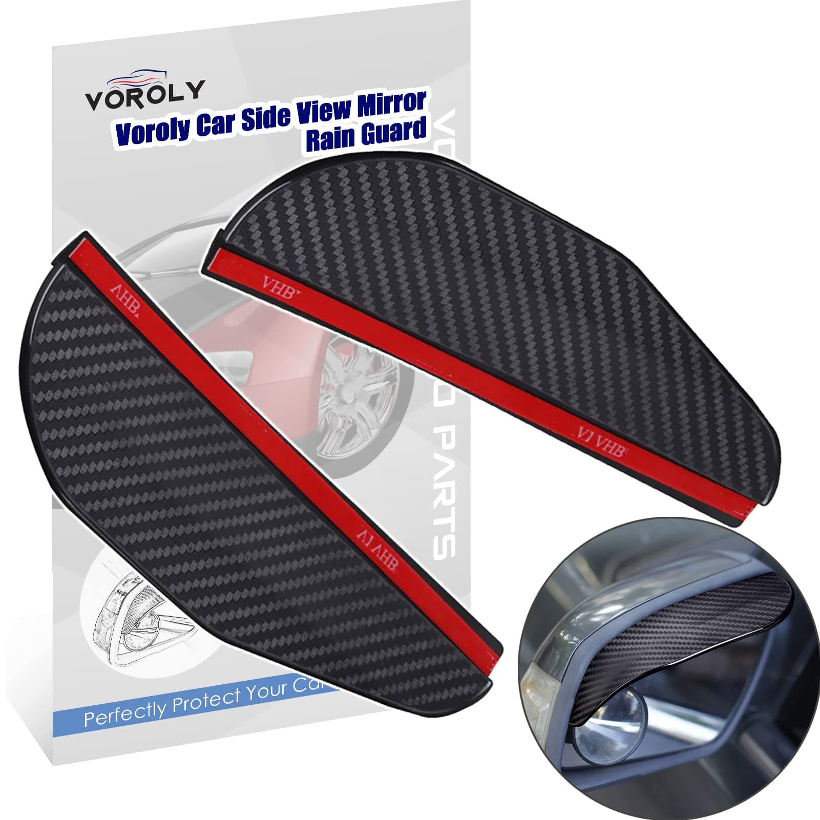 Voroly Side Mirror Rain Guard – 2 Pcs Universal Fit Car Rain Visor, Carbon Fiber Texture ABS Plastic, Easy Peel & Stick Installation, Protects Rearview Mirrors in Rainy Weather