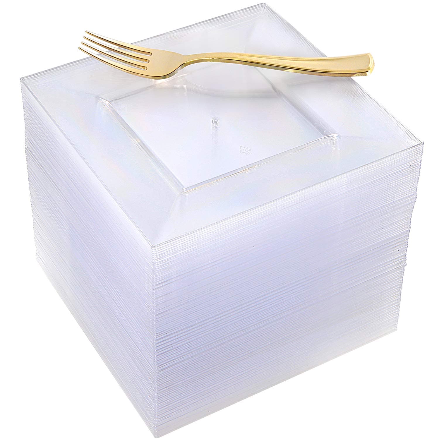 100pcs Clear Square Dessert Plates,100pcs Plastic Gold Forks, Clear Plastic Salad Plates, Reusable, Adorable Appetizer Plates, Gold Plastic Silverware, 7" Clear Plates and 7,4" Gold Forks, Supernal