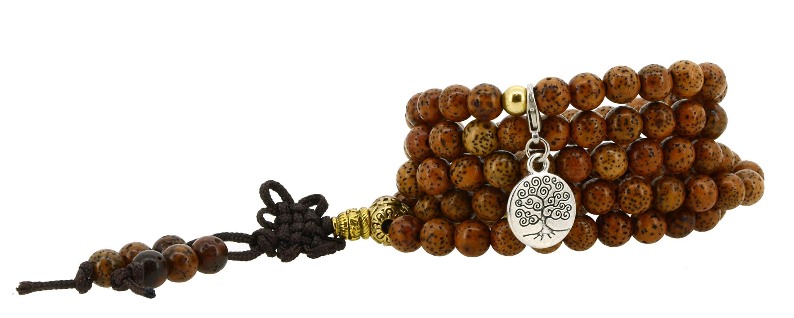 Unisex Yoga Meditation 108 Tibetan Bodhi Brass Prayer Beads Daemonorops Seeds Mala Wrap Bracelet Necklace (Round Tree of Life)