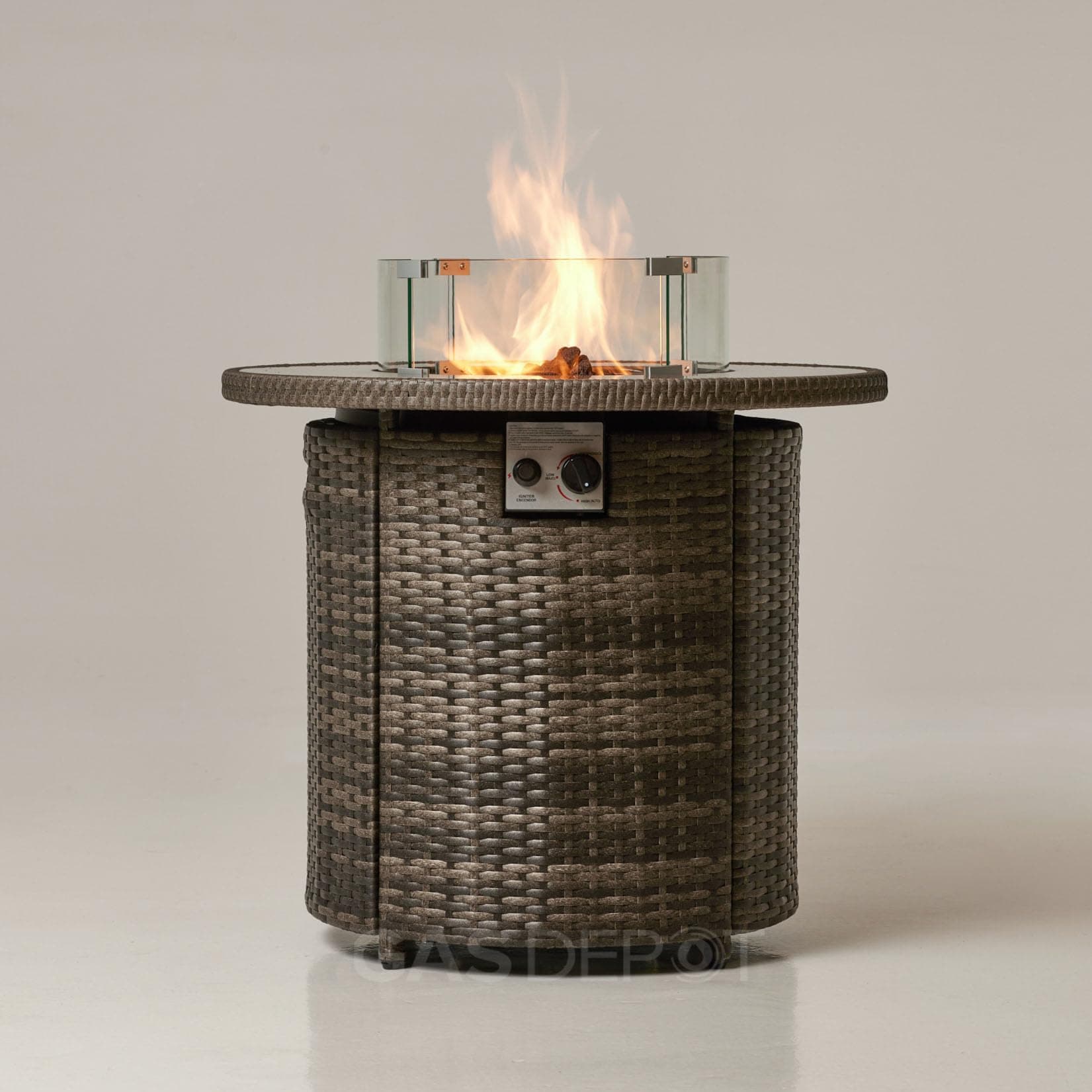 Grey Coreglass Rattan Gas Fire Pit - 13KW Round Tempered Glass Surface Propane Standing Fire Pit - w/Wind Guard, Lava Rock & Waterproof Cover - Space Heater for Garden, Deck, Outdoor Bars