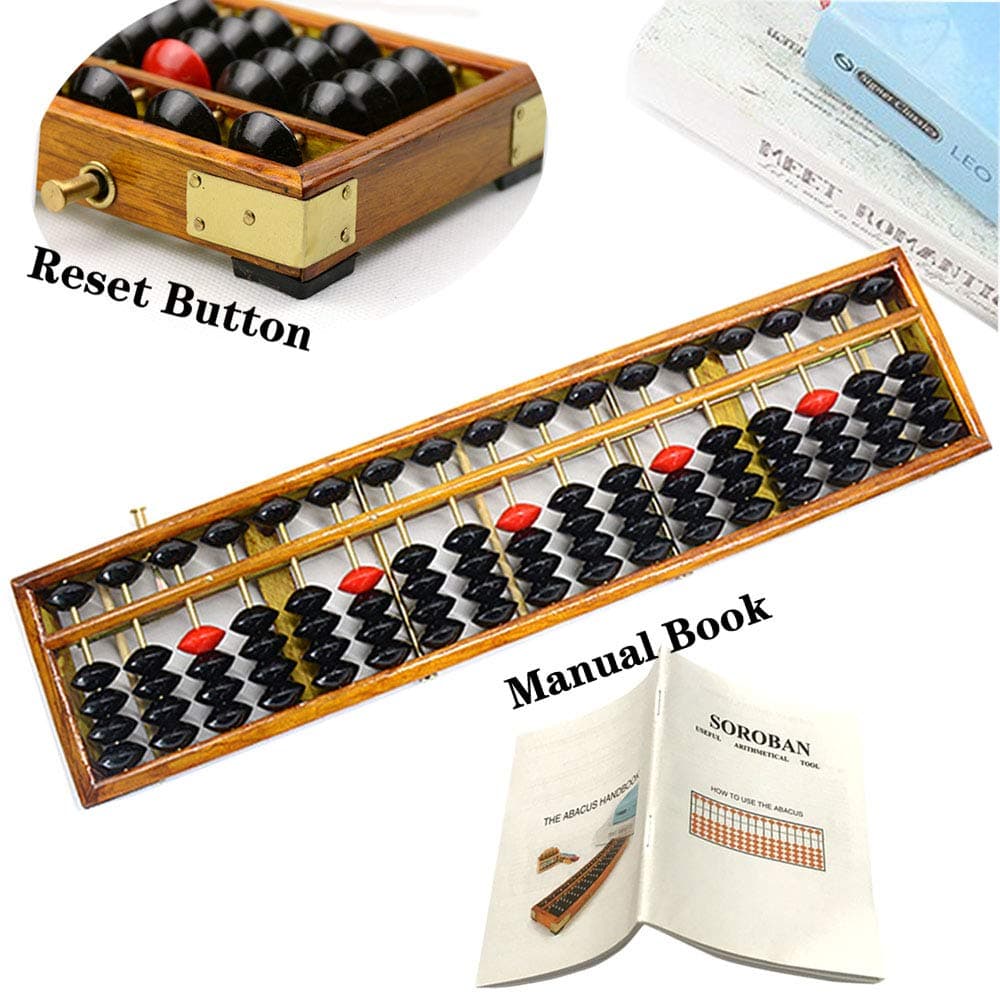 Vintage Style Wooden Abacus Soroban 17 Column(15 in) Math Professional Abacus for Adults Kids with Guide Handbook and Reset Button, Anti-Skid Rubber Feet