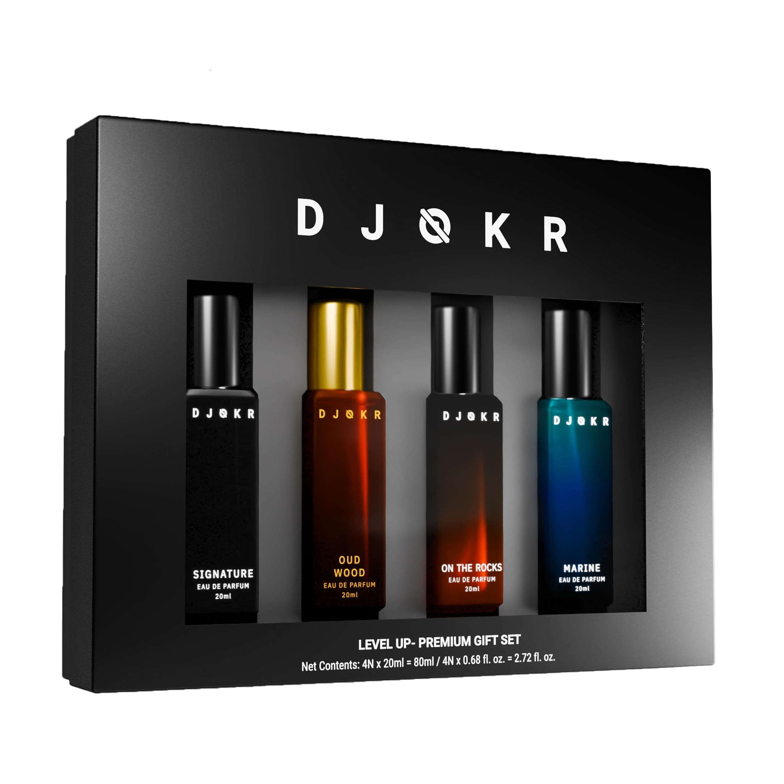 DJOKR Perfume For Men Gift Set Pack of 4x20 ML | Eau De Parfum | Premium Luxury Long Lasting Fragrance Spray | Signature, Wicked, Oud Wood, Marine (4x20 ml)