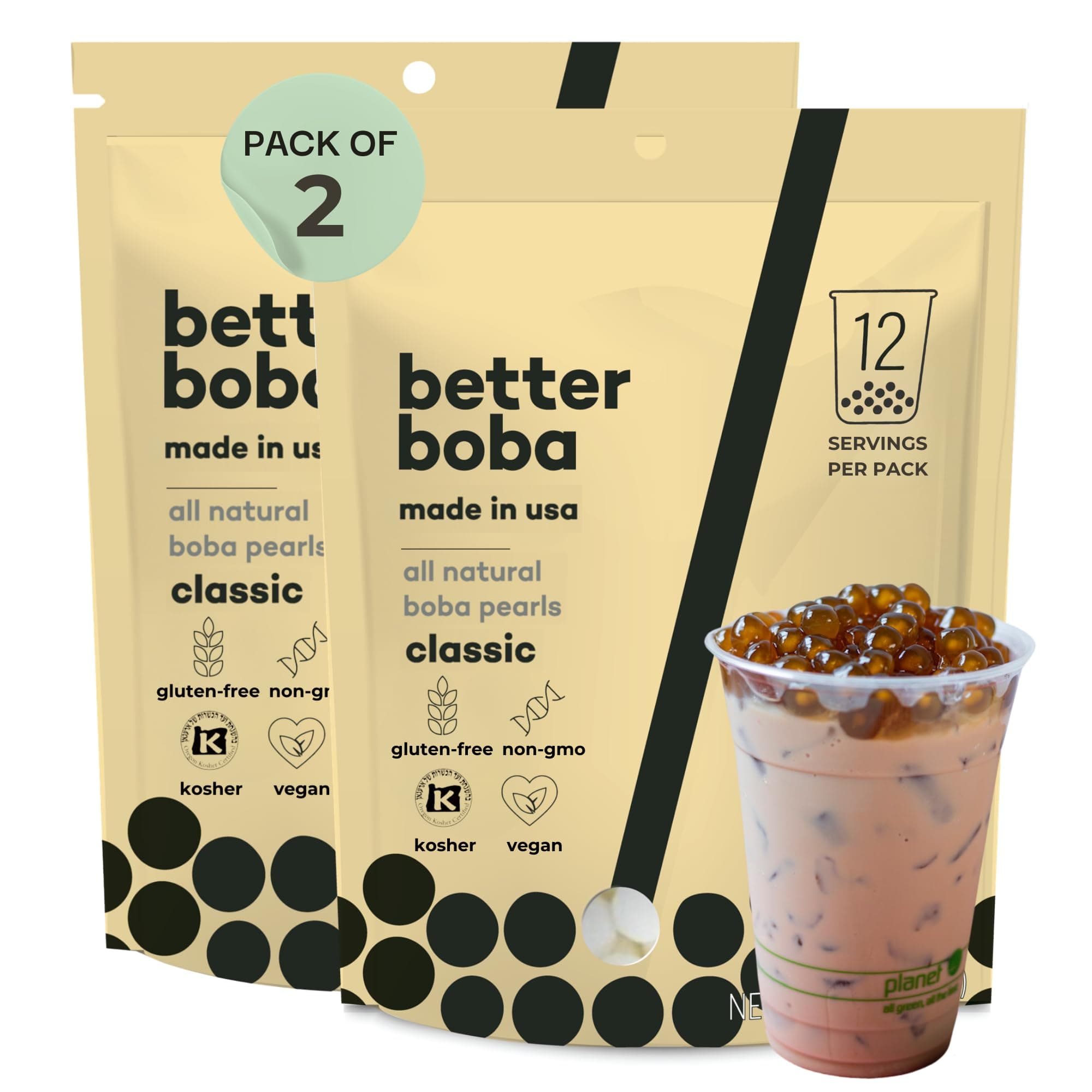 All-Natural Classic Kosher Boba Pearls | Non-GMO, Vegan Gluten-Free Tapioca Pearls for Bubble Tea | No Preservatives Brown Sugar Boba | 16 Oz (2 x 8 Oz) 24 Serving Value Pack | Made in USA